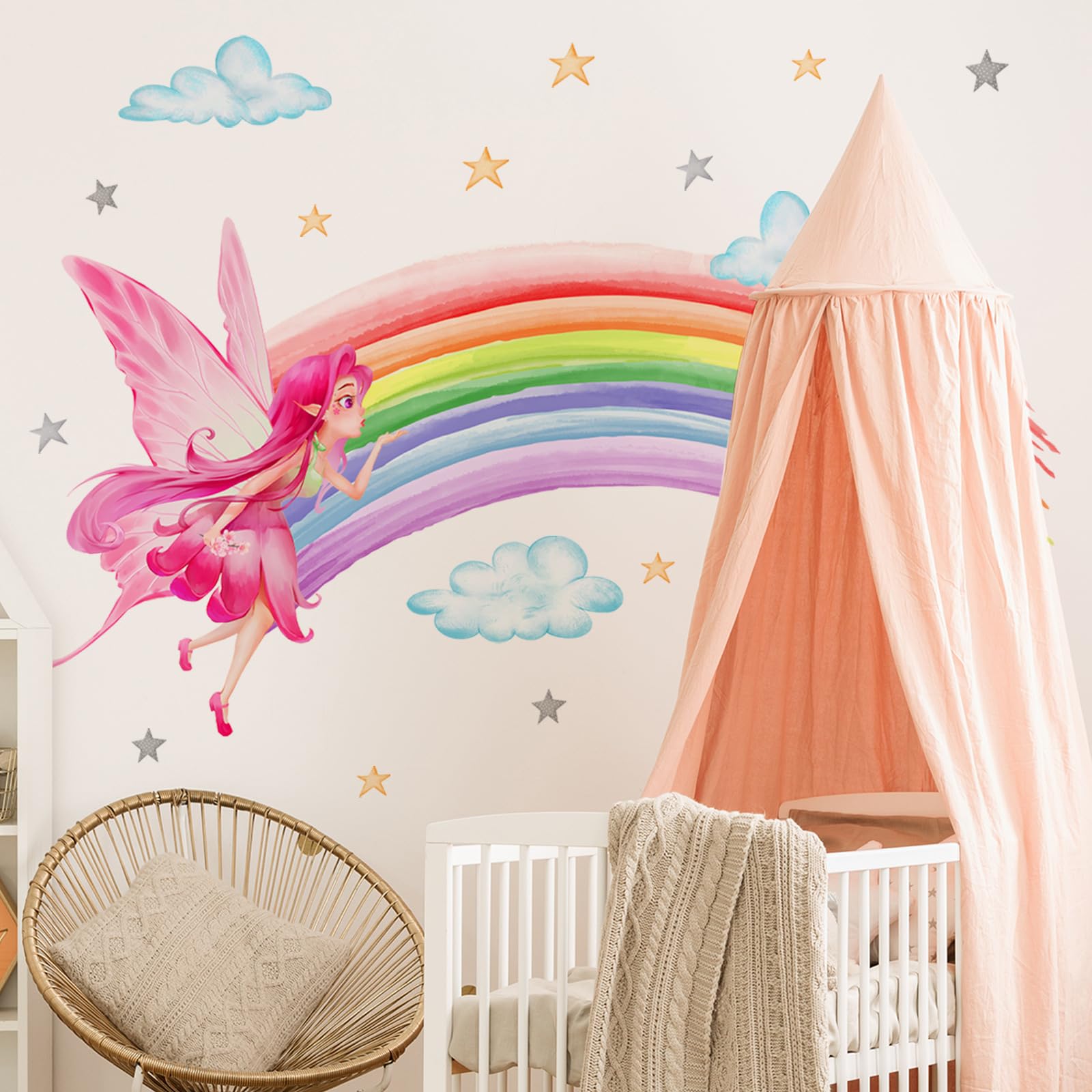 WandSticker4U®- Wandtattoo FEE REGENBOGEN rosa/pink groß (120x80 cm) I Wandsticker Mädchen Regenbogen Fee Prinzessin Wolken Sterne Rainbow bunt I Wandaufkleber Kinderzimmer Deko Mädchen XXL