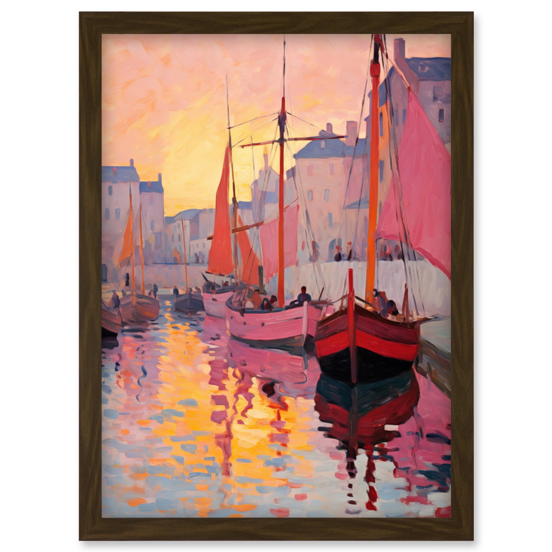 Artery8 Sailboats Reflecting in Harbour Water Pink Orange Sunset Oil Painting Anchoring by Promenade Artwork Framed Wall Art Print A4