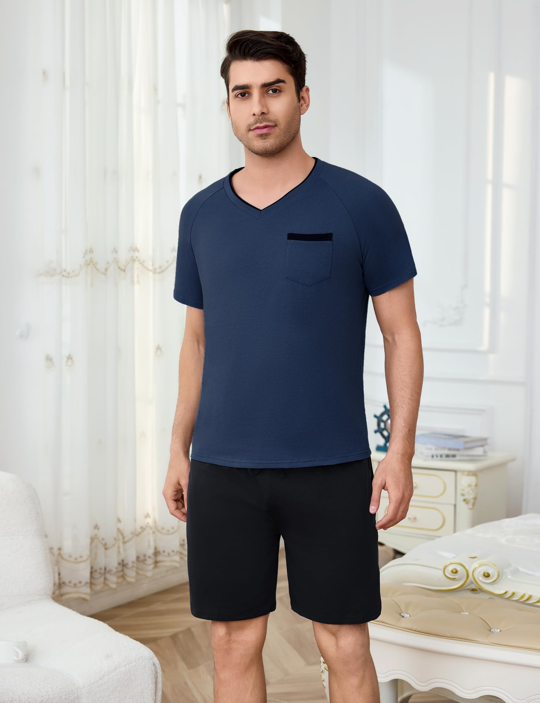 Bresdk Schlafanzug Herren Kurz Sommer Pyjama Set Baumwolle Shorty Kurzer Schlafanzüge mit V-Ausschnitt Schlafanzughose Zweiteilig Set