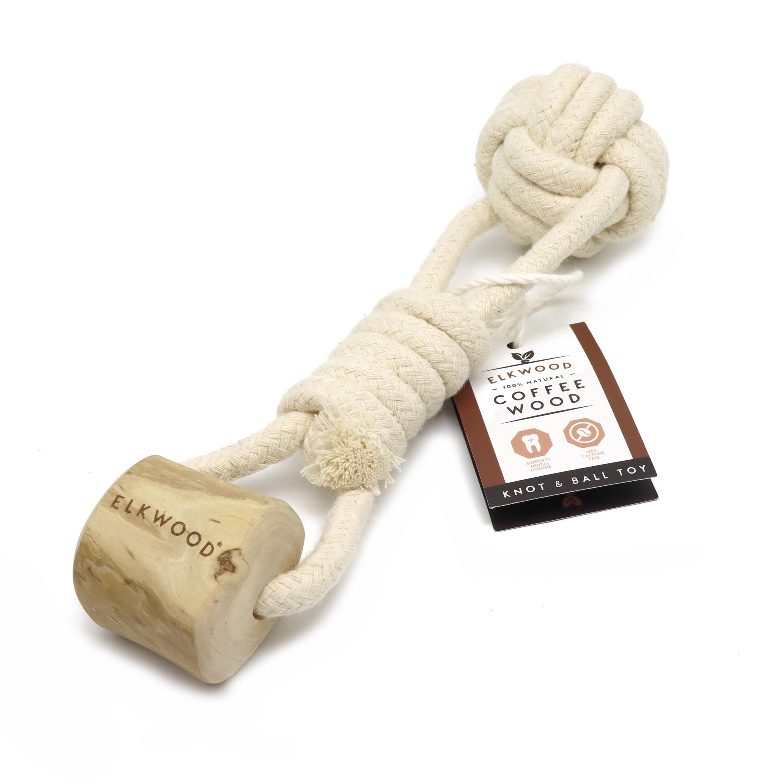 Elkwood Coffee Wood Knot & Ball Toy | Durable Rope Chew, Hypoallergenic & Natural, Calorie-Free, Sustainable Tug Toy - No Caffeine, Sugar, or Artificial Ingredients