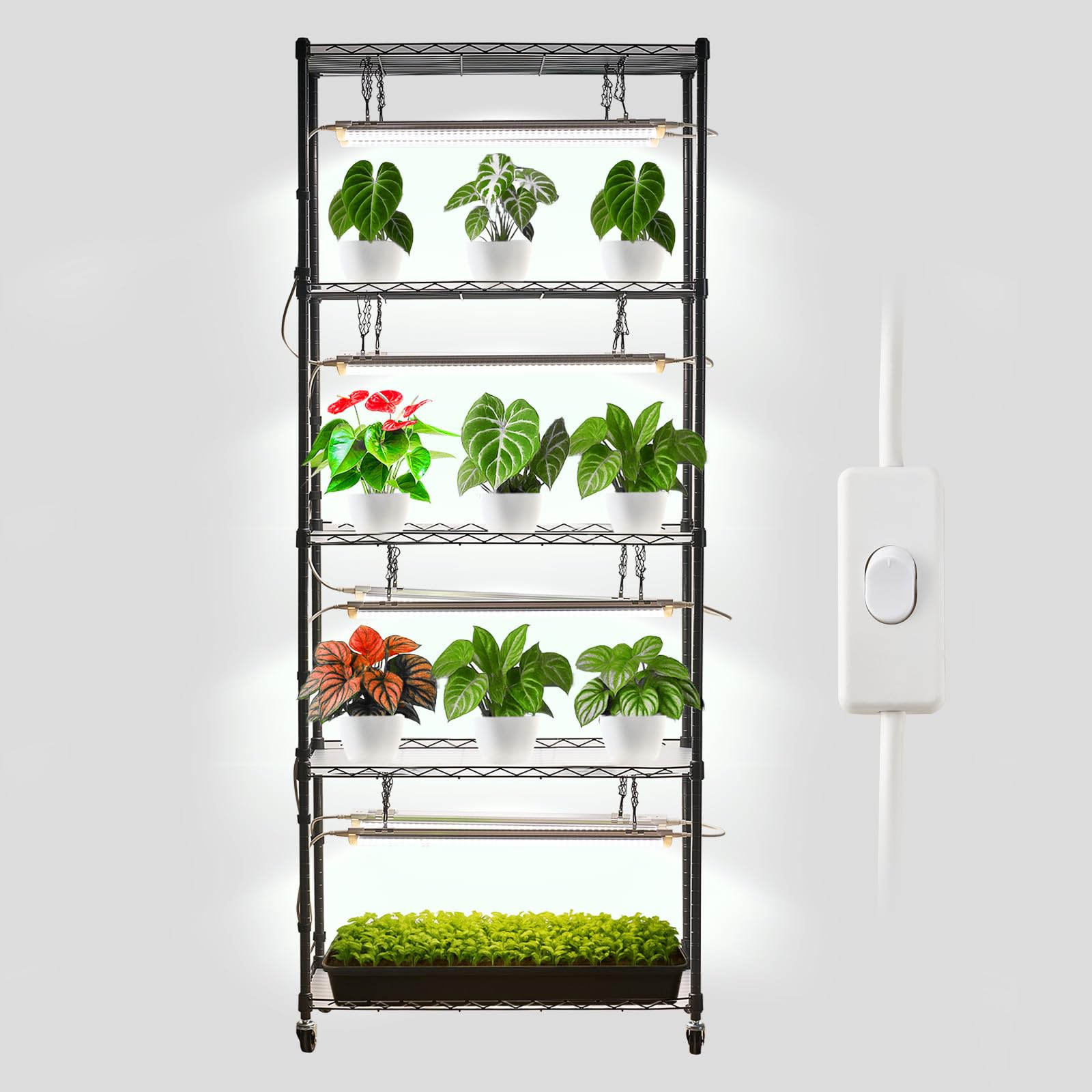 VEVOR DIY-Pflanzenregal mit Wachstumslichtern, Pflanzenständer mit Rädern, 192 W 5000 K Vollspektrum-Lichter, Pflanzenregal aus Metall, Blumenregal für Samenanzucht, 750x350x1800mm