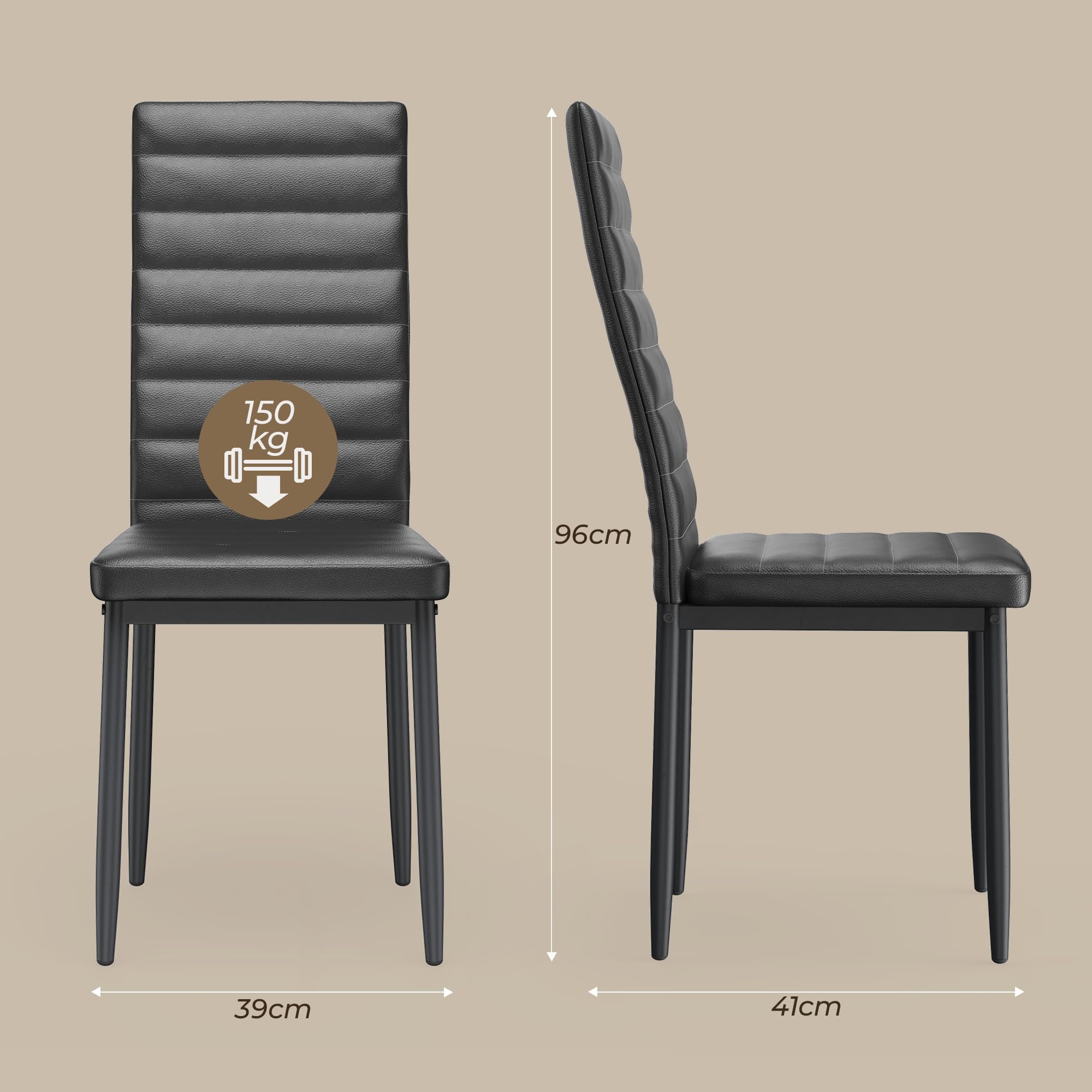 Esszimmerstühle 4er-Set aus PU-Kunstleder, Gepolstert, Schwarz