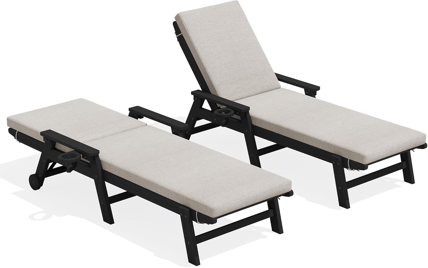 SERWALL Outdoor Chaise Lounge Set of 2 with Cushions Set, 78'' Long HDPE Lounge Chairs with Cup Holder & Rolling Wheels