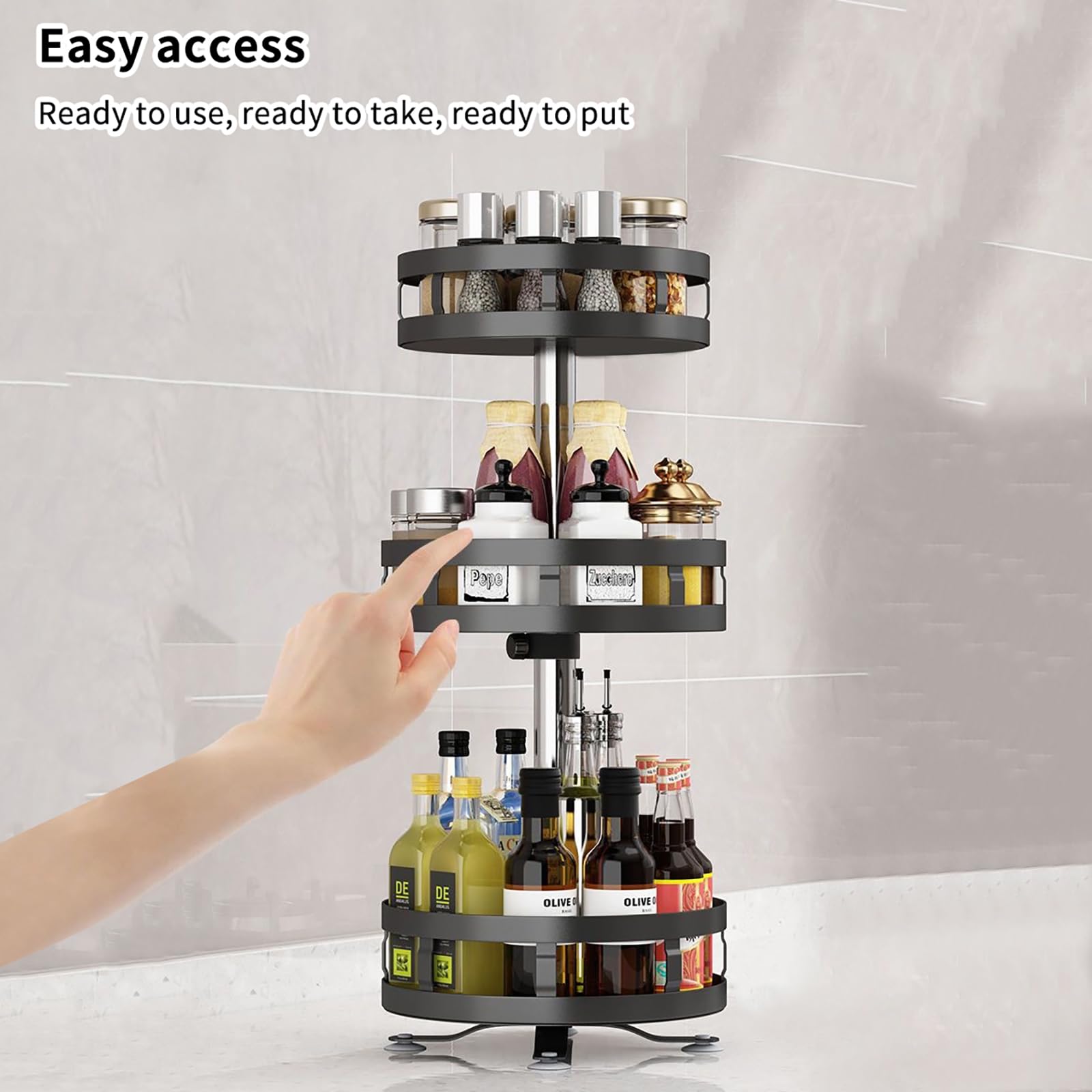 Estante de especias de 3 niveles, almacenamiento de especias giratorio de metal para cocina y baño, eficiente soporte de plato de 3 niveles, elegante dispensador de especias para un fácil acceso