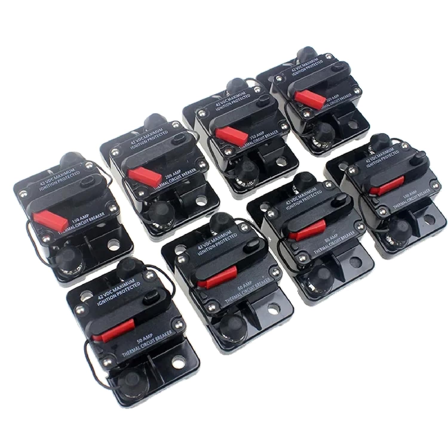 42V DC Circuit Breaker, 100 Amp Thermal Fuse, Black, Waterproof Reset Protection, Marine and Automotive Use, Ignition Protected (100A)