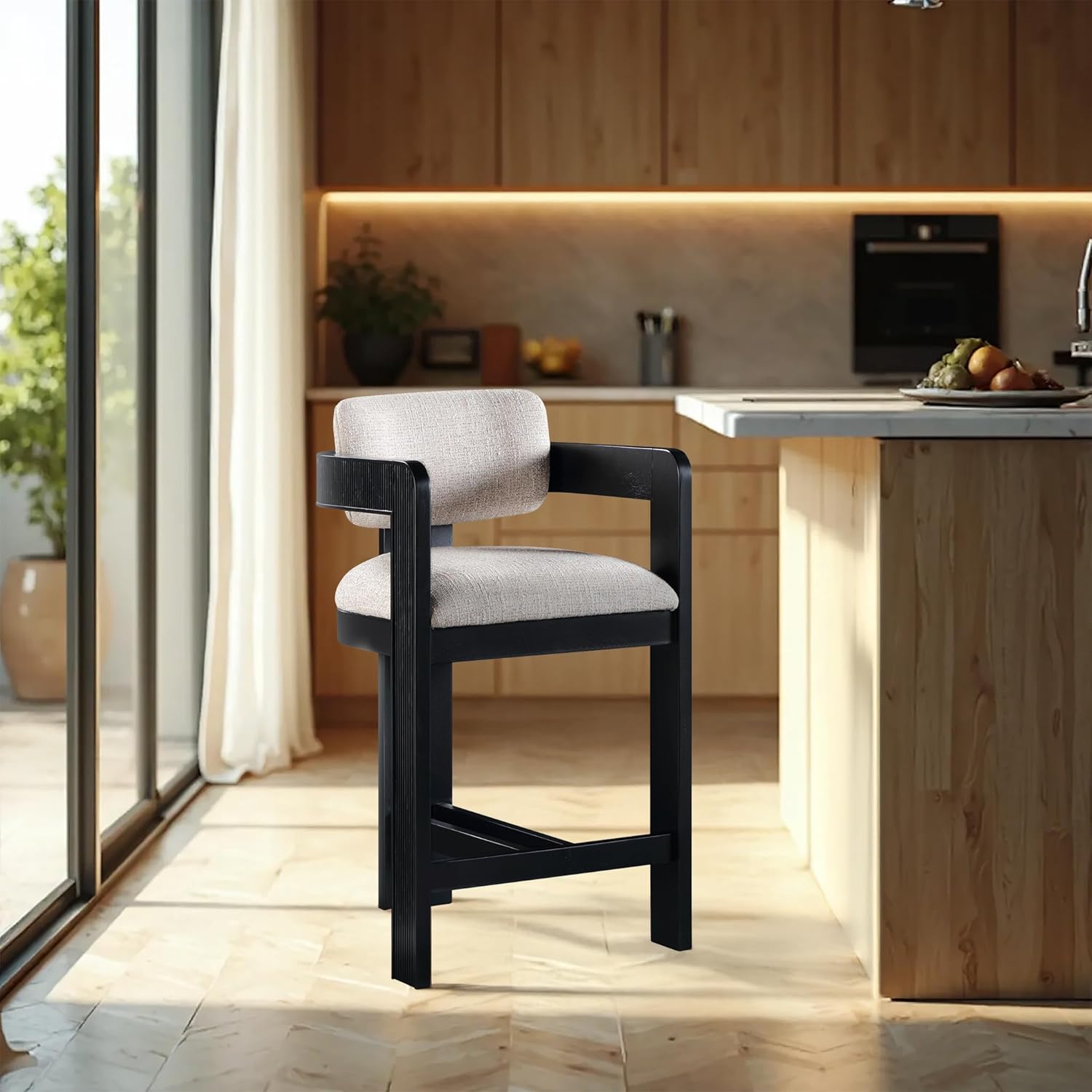 Meridian Furniture 11075Beige-C Sacha Collection Art Deco Stool with Rich Beige Linen Textured Fabric, Two Tone Weave, Solid Wood Black Finish, Fluted Wood, 20.5" W x 21" D x 37.5" H, Beige