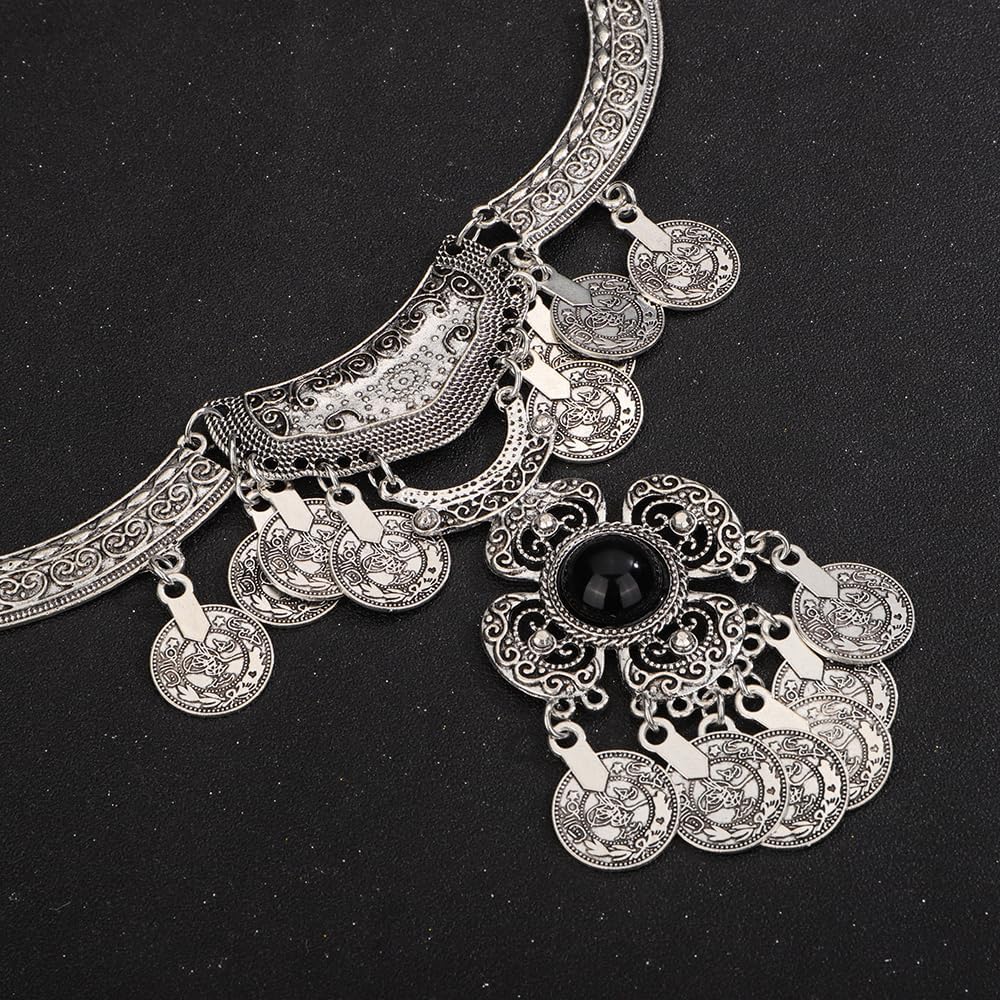 Wiwpar Vintage Chunky Long Tassel Coin Pendent Statement Necklace Boho Collar Choker Antique Silver Engraved Coin Tassel Punk Ethnic Style Costume Necklace for Women Girls Party Halloween - Image 7