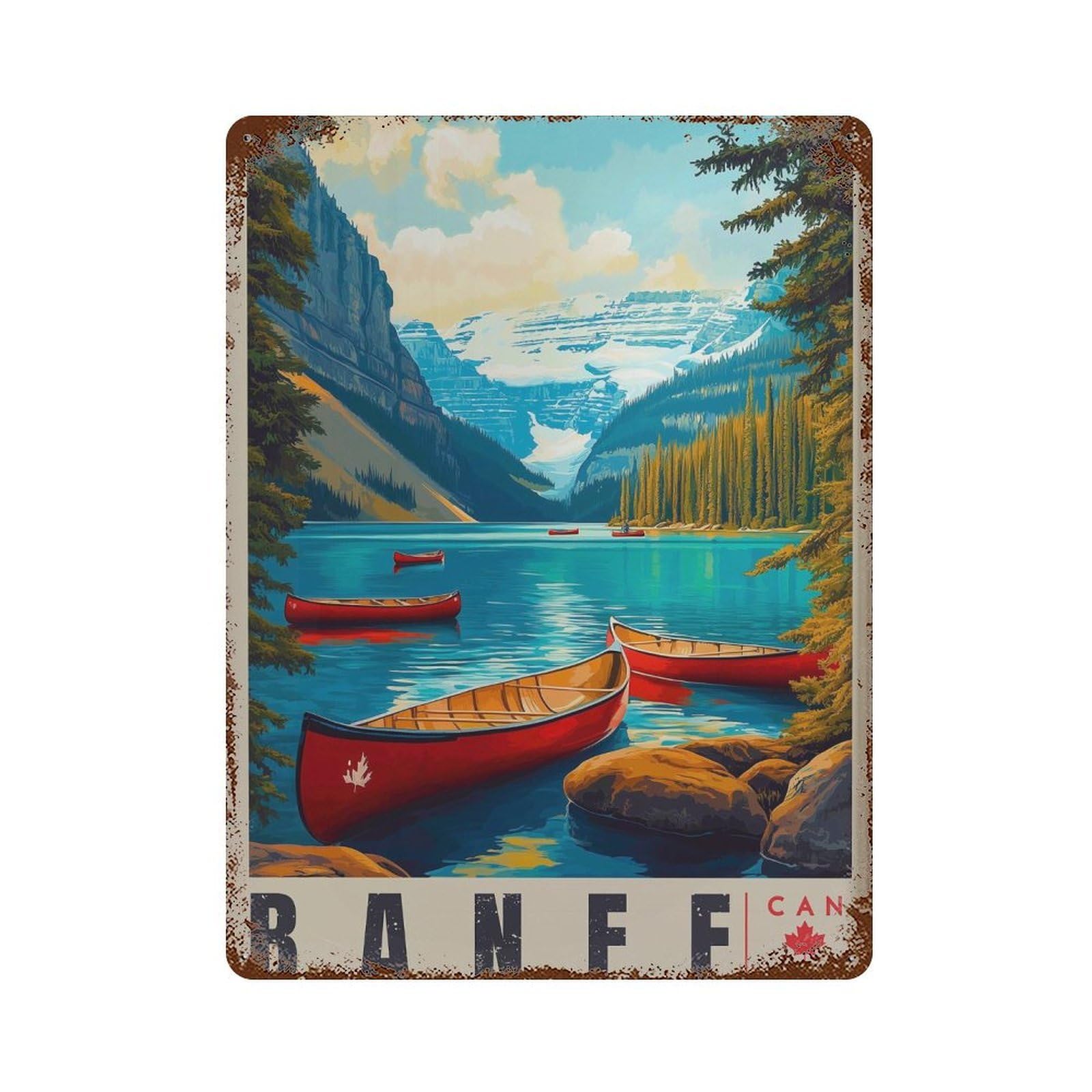 xiaoxiaoshen Banff Canada Vintage Travel – Red Canoes on Mountain Lake Wall Decor Art Metal Tin Poster Modern Home Decor Art Home Bar Shop Decorations Vintage Sign 40x30cm