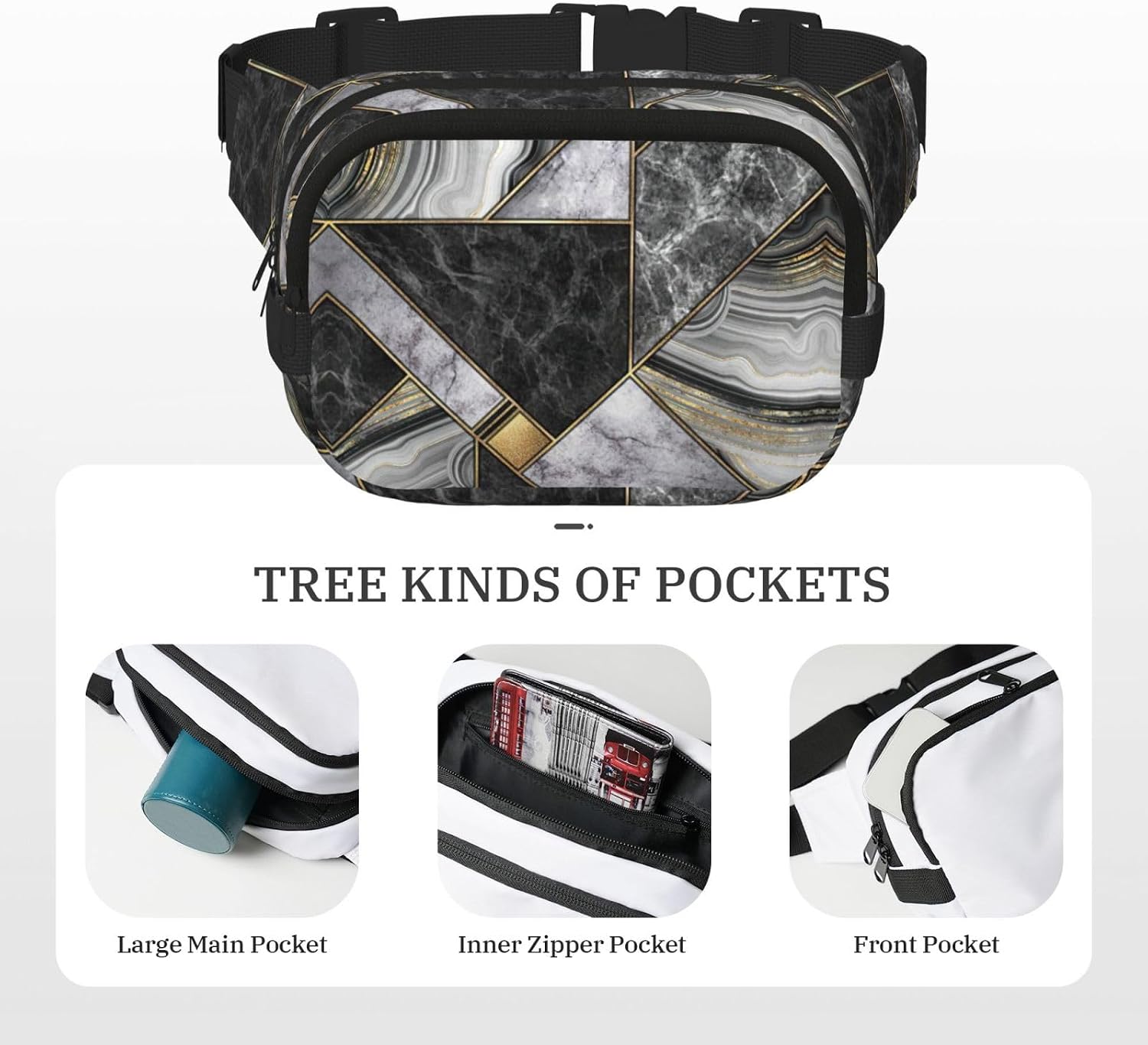 black marble texture gold Print Fashion Waist Packs Square Layer Waist Bag Black Belt Bag with Adjustable Strap