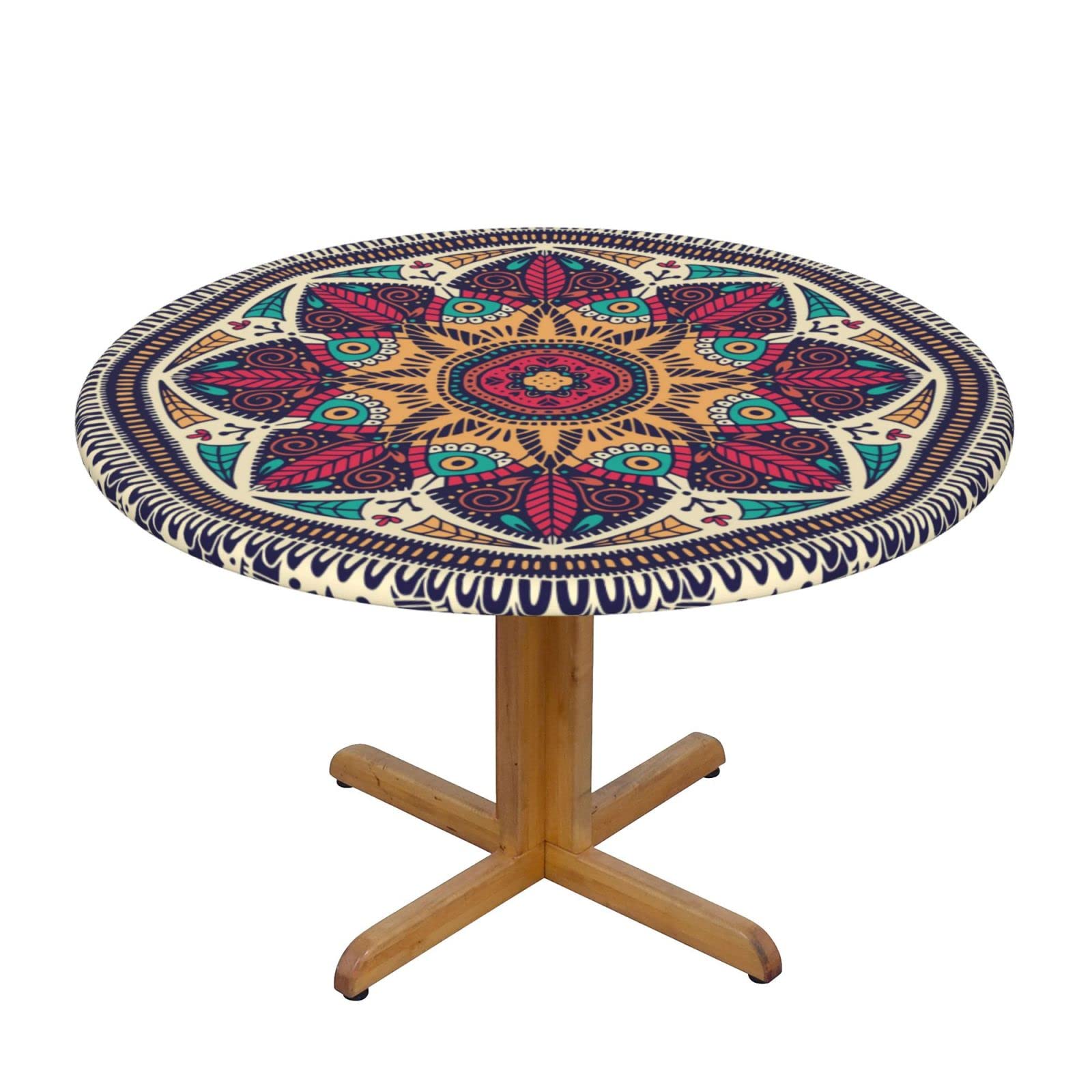 Lsjuee Round Fitted Tablecloth 45-50in Elastic Edged Table Cloth for Kitchen Dining Party Home Decor - Colorful Mandala Floral