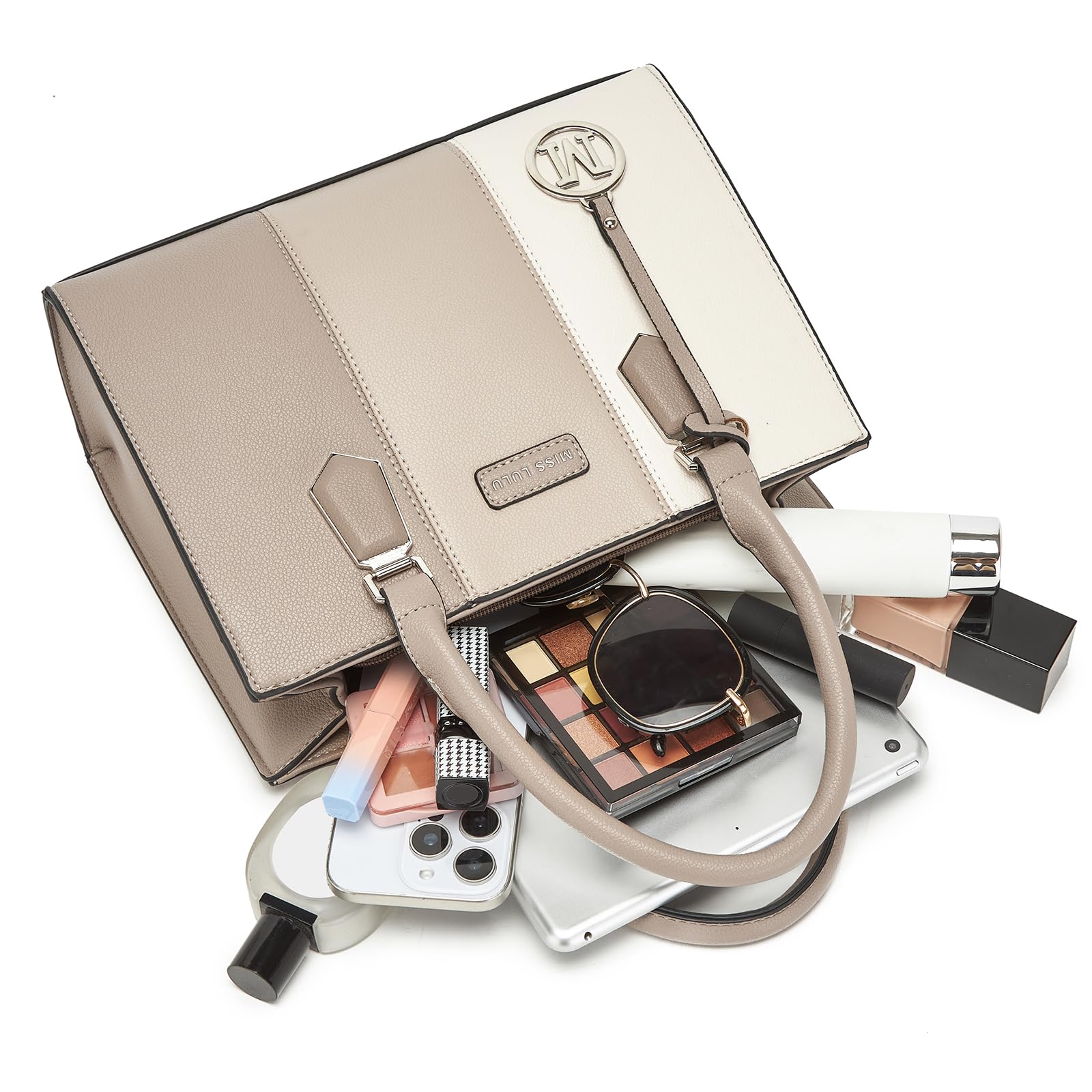 Miss Lulu Bolsos de Mujer,Bolso de Mano Tri-color en Material PU,Ideal para Estudiar Trabajar y Uso Cotidiano