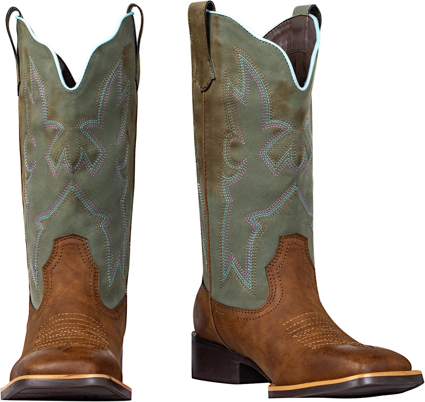 Women's Two-Tone Cowboy Cowgirl Boots - Square Toe,Wide Mid-Calf & Fashion Embroidery Western Ladies Boots for Concert Party