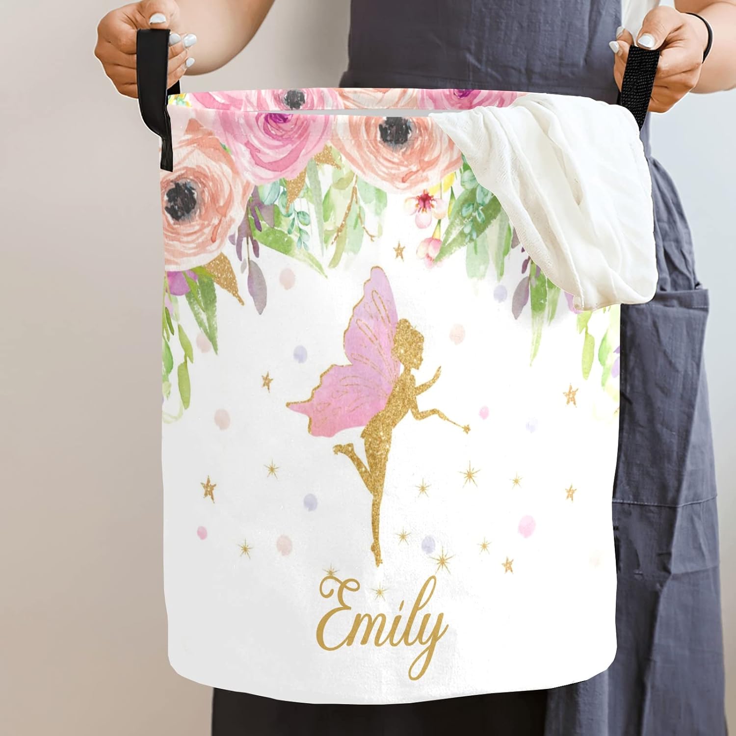 Fairy Floral Glitter Personalized Laundry Basket Clothes Hamper with Handles Waterproof,Collapsible Laundry Storage Baskets for Decorative