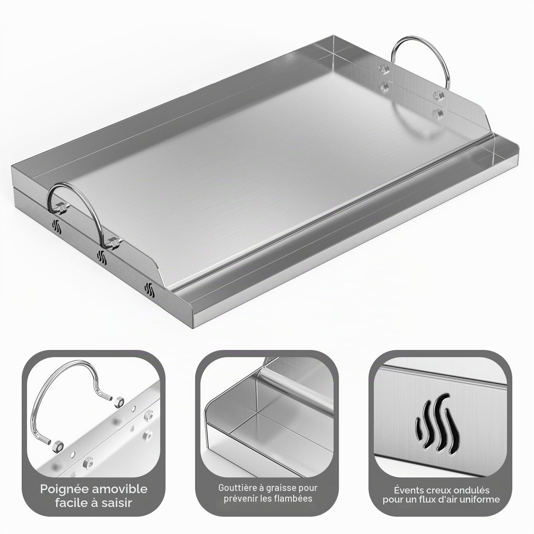 Onlyfire Grande Plaque Plancha en Inox 63.7 x 40.5 cm pour Barbecue Gaz Charbon