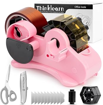 THINKLEARN Tape Dispenser with Scissors and Utility Knife, Light Pink