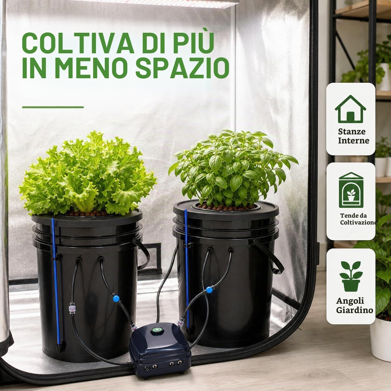 Sistema di coltivazione idroponica 5 galloni (circa 19 litri) coltura in acqua profonda con pompa ad aria da 12 W, 2 secchi e kit di gocciolamento per vaso, sistema di circolazione Drip Garden