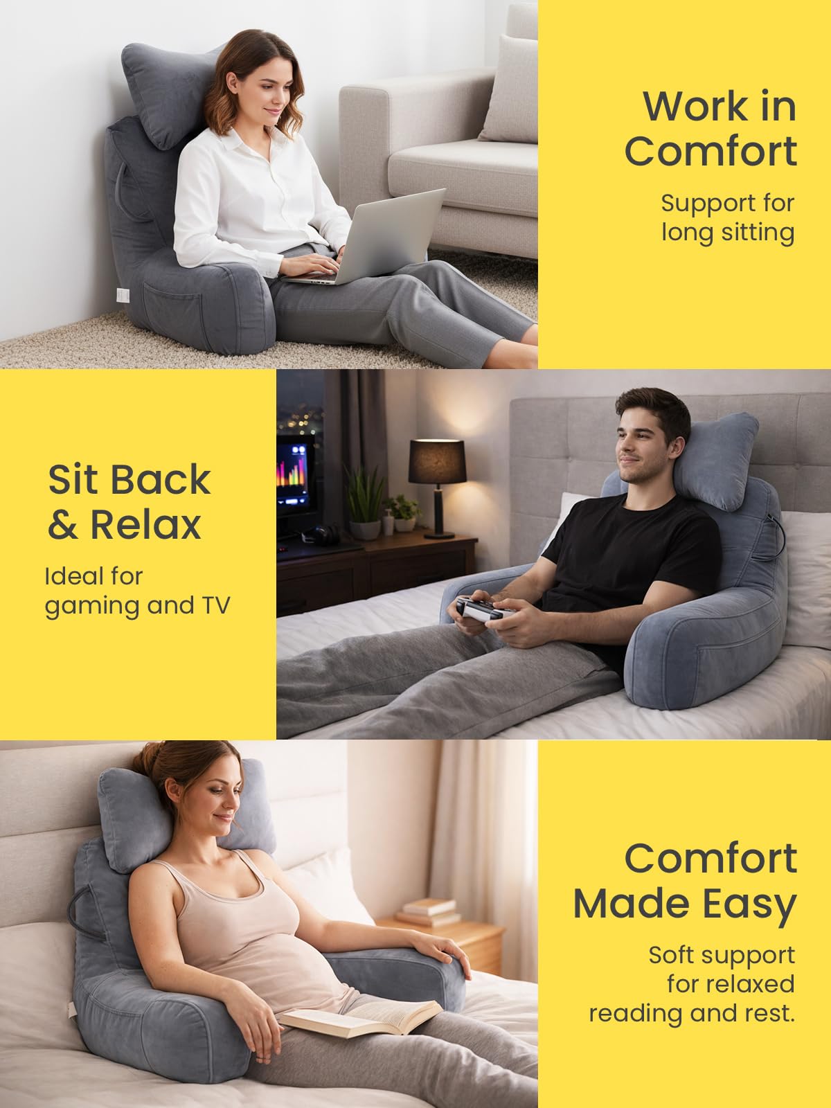 Lesekissen für Bett Erwachsene, Rückenkissen mit abnehmbarer Nackenrolle & hohen Armlehnen, (60-105) x 88 x 40 cm Bettkissen Rückenlehne zum Sitzen im Bett, Sofa, Lesen, Fernsehen,Grau (Grau, XL)