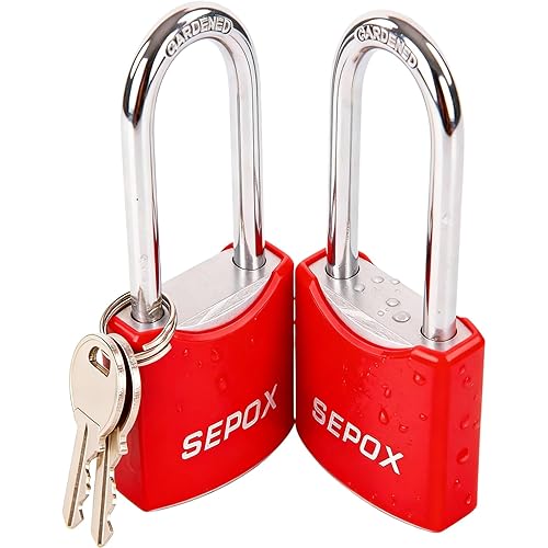 SEPOX® 1-9/16" All-Weather Outdoor Padlocks Keyed Alike, 1-5/8" Long Shackle, Solid Steel Lock, Heavy-Duty&Red Cover, Compact Design for Gate Fence Cabinet Toolbox School Gym Locker with 2pcs Same Key