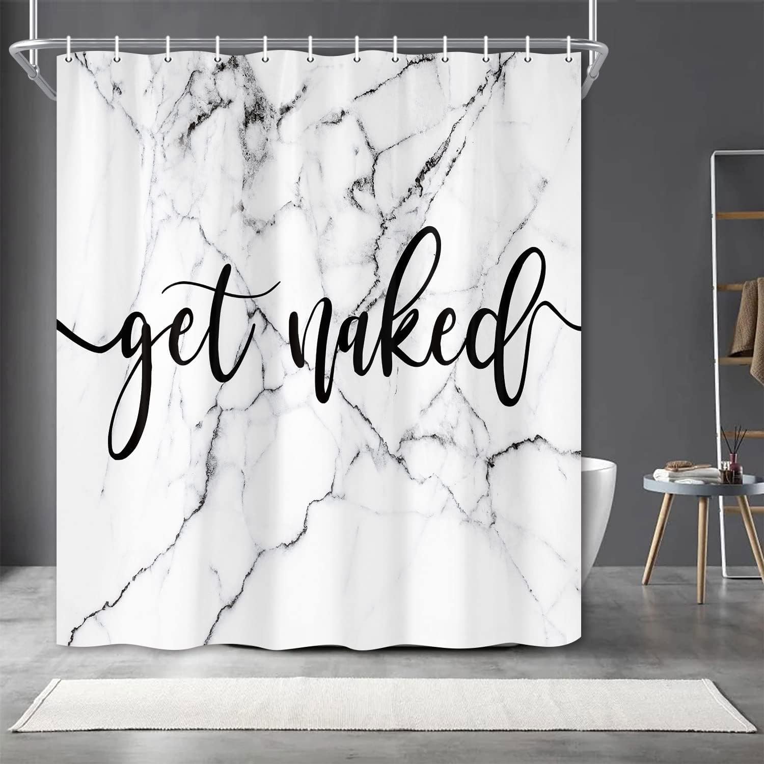 Wathon Marble Fabric Shower Curtain Funny Black Art Get Naked on Chic 3D Crack Design Marble Bath Curtain, Modern Black and White Cloth Bathroom Shower Curtain Set with Hooks 69X84IN