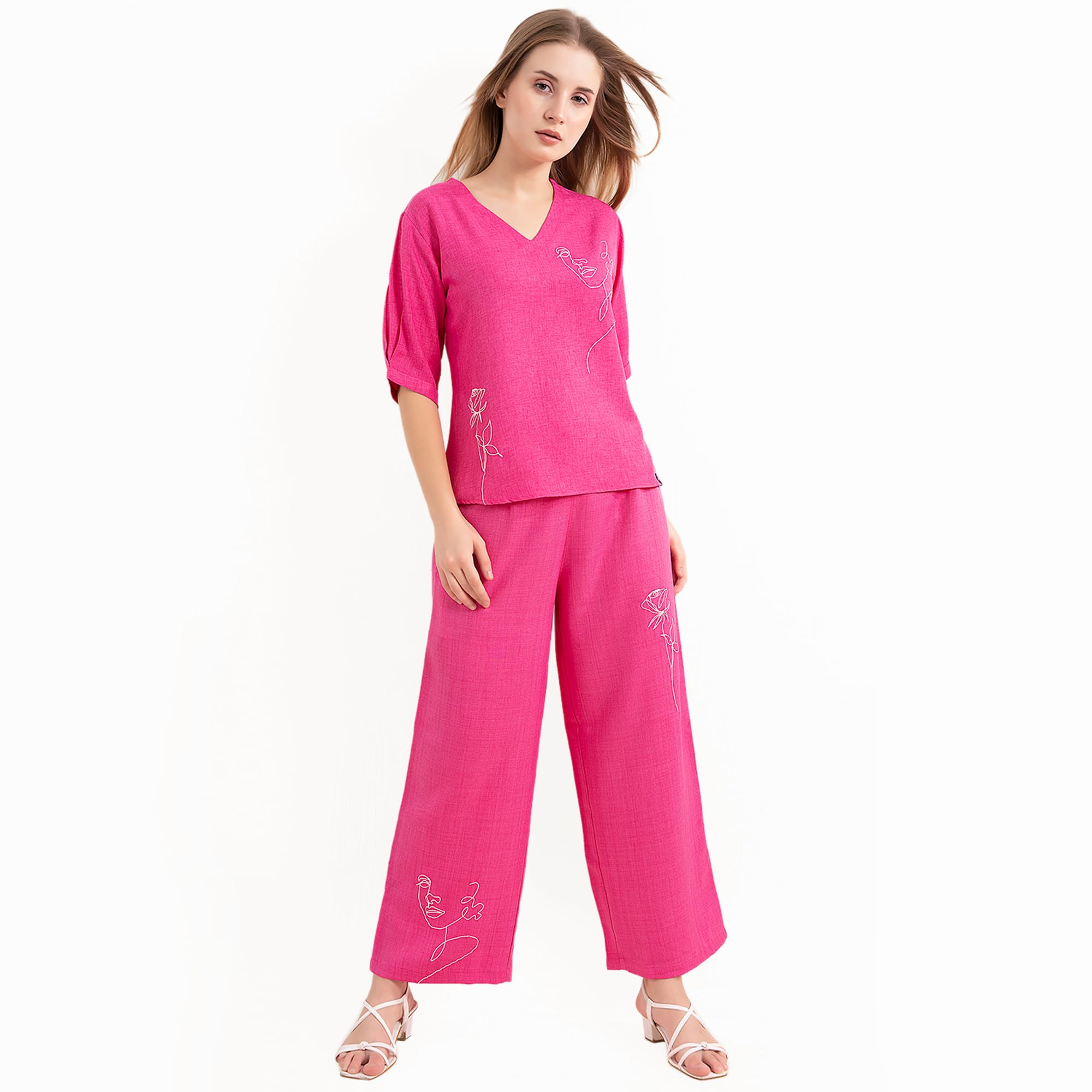 Women’s Premium Linen Co-ord Set – Vibrant Pink V-Neck Top with Embroidered Straight Pants | Co Ord Set for Women Stylish | Travel Co Ord Set for Women-image-26
