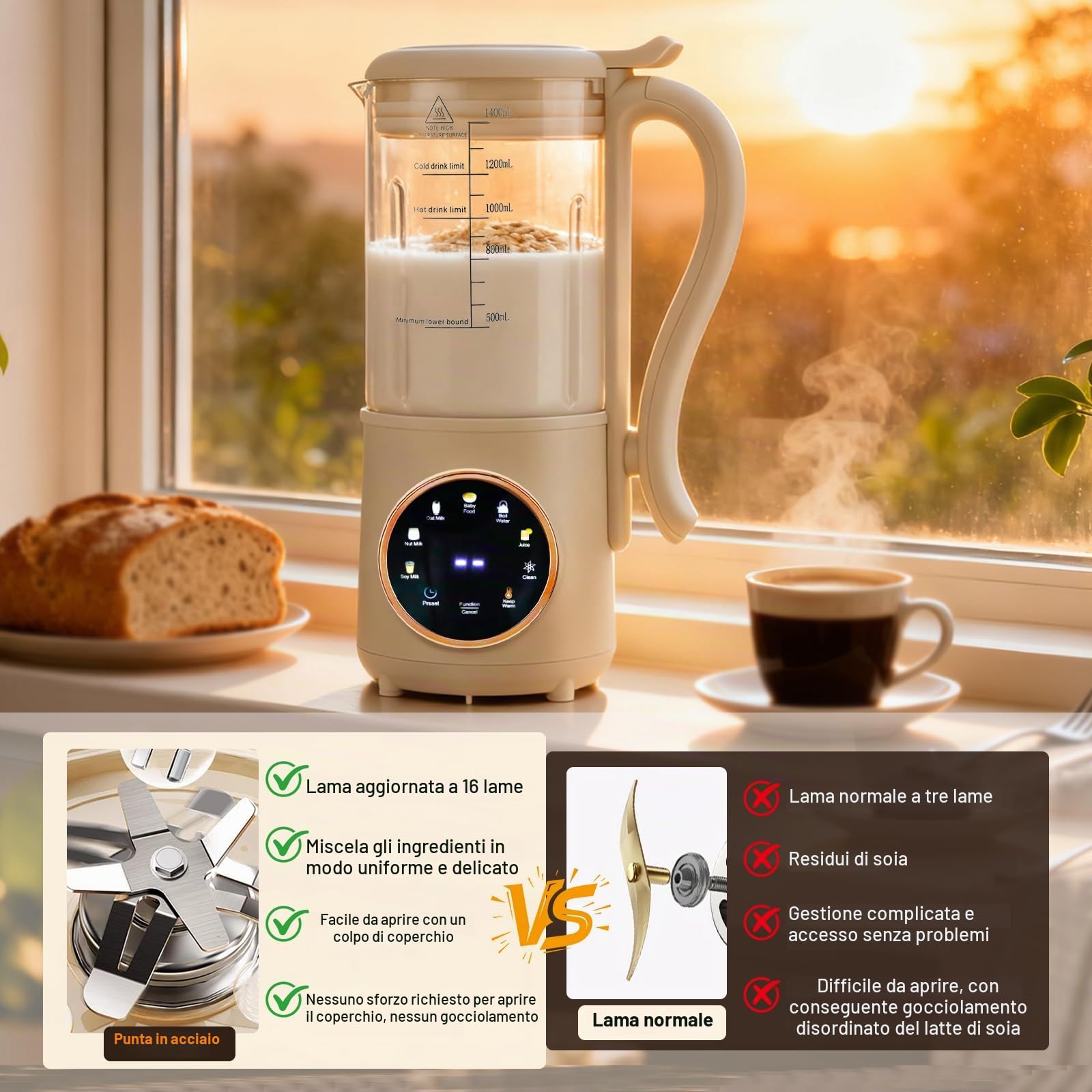 Macchina per il latte di noci, 1400 ml, multifunzione, automatica, con display LED, con funzione di autopulizia e avvio ritardato, per latte vegetale fatto in casa, soia, avena