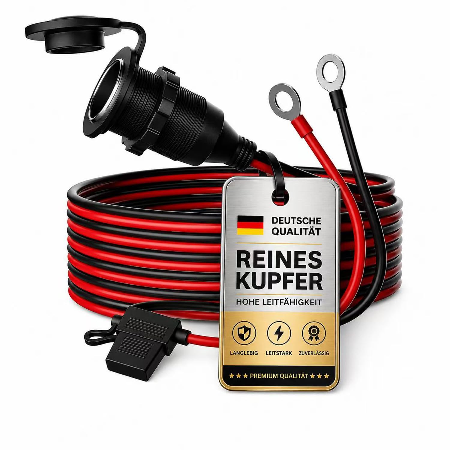 RGBer® Zigarettenanzünder 12V Steckdose mit Kabel, Sicherung & Ringösen