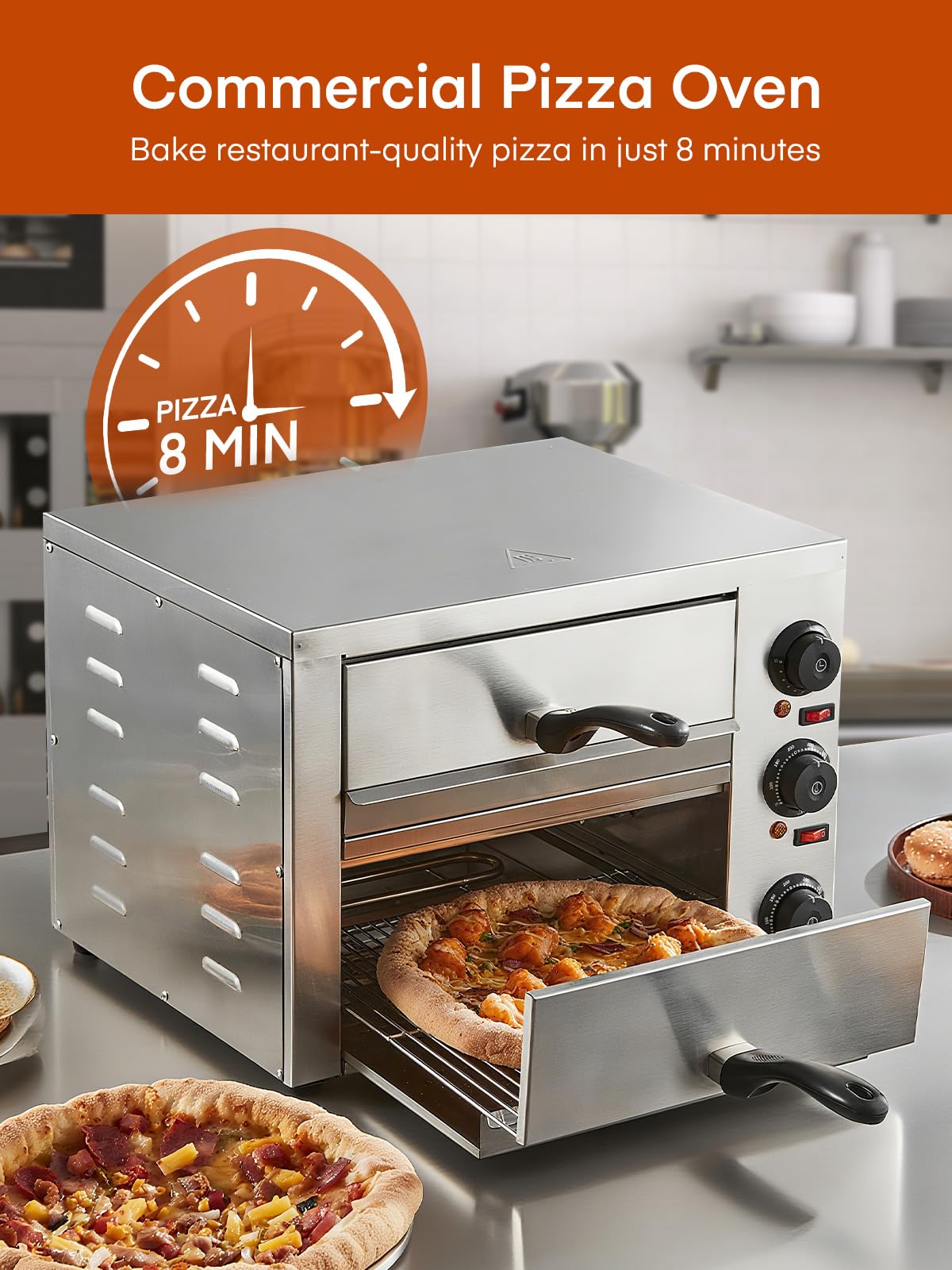 Professional Doppel Pizzaofen 3000W, 12 Zoll Kommerzieller Pizzabackofen Elektrisch Edelstahl mit 15-Minuten-Timer 350℃ für Pizza, Brot und Backwaren