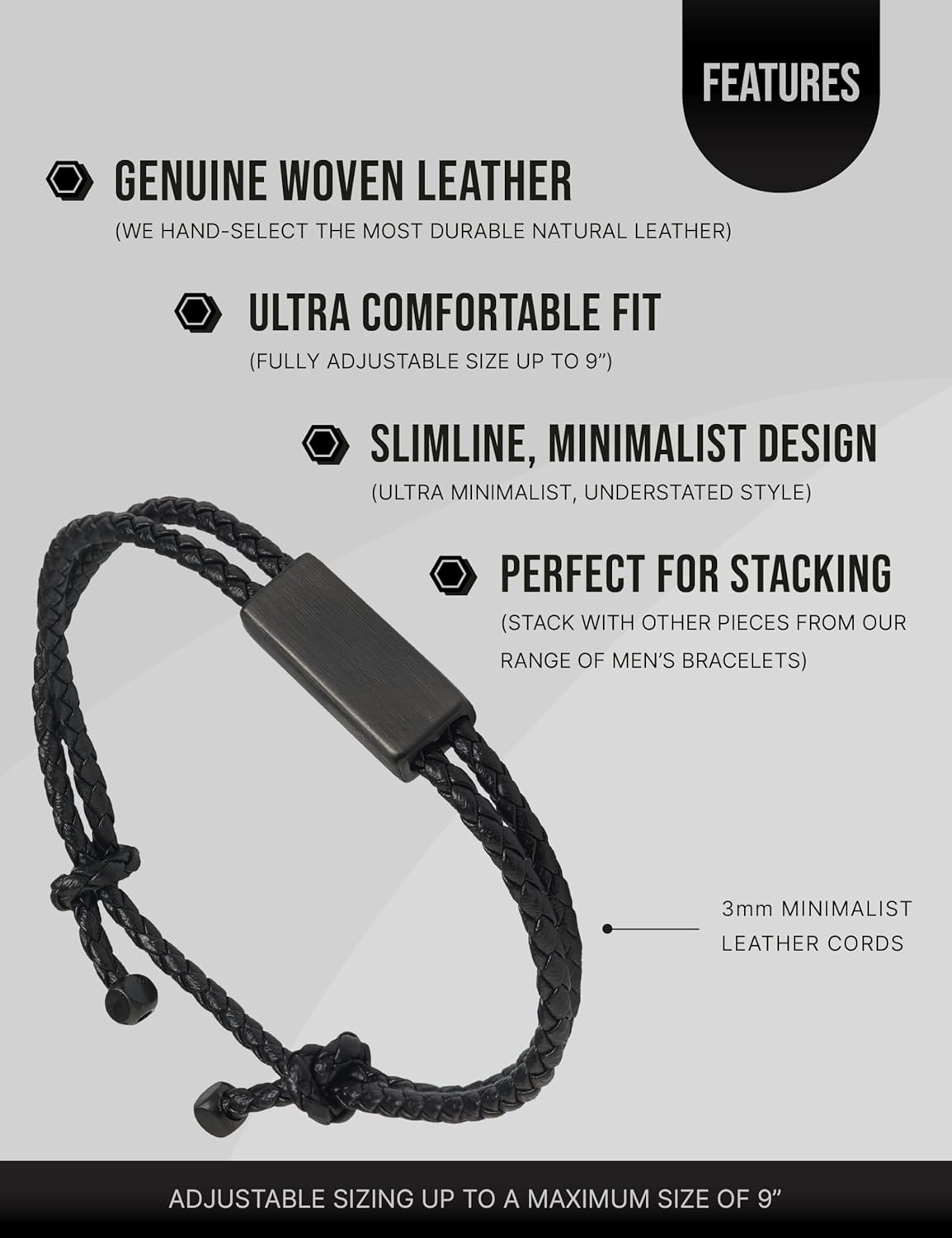 LUXAR Men’s Adjustable Leather Bracelet | Ultra-Minimalist, Slimline Design | Interwoven Black Leather | Minimalist, Designer Jewelry for Men