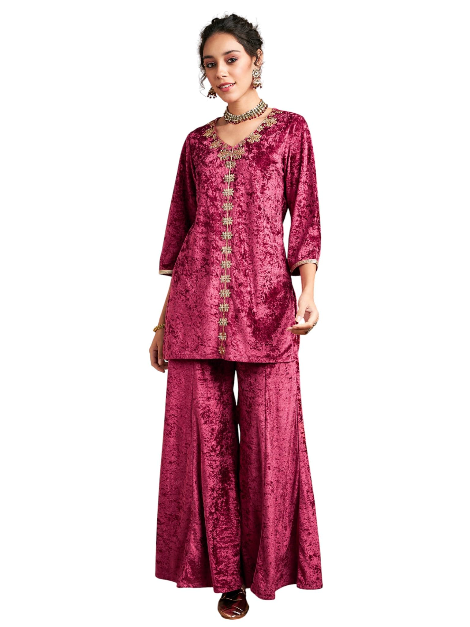 shae by sassafras Women Velvet Embroidered Short Kurta With Palazzos-picture-23
