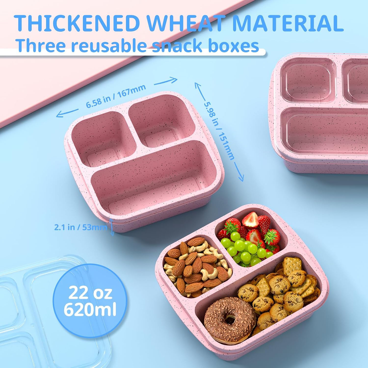 Snack Boxes (3 Pack) - Stackable Bento Boxes with 3 Compartments, Meal Prep Containers Reusable, Lightweight Lunch Containers for Kids and Adults, BPA Free (Pink) image 2