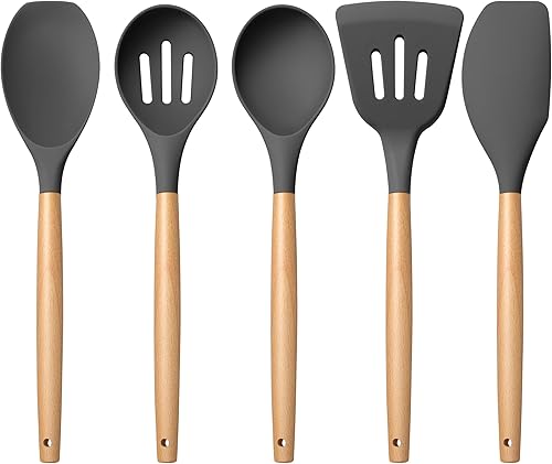 E-far Juego de Utensilios de Cocina de Silicona, Juego de Utensilios de Cocina de 5 Piezas con Mango de Madera para Cocinar, Herramientas de Cocina