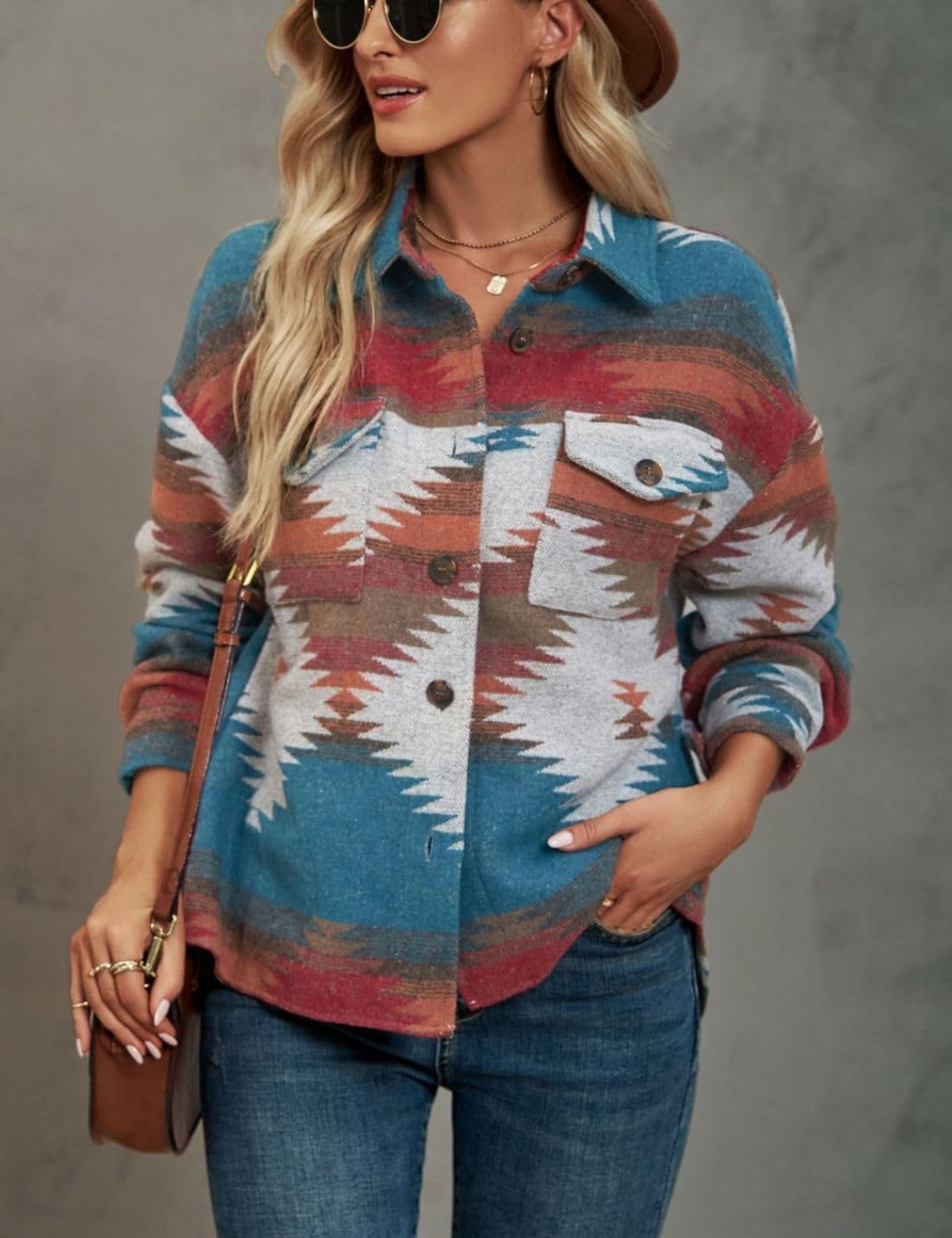 Chevara Women’s Vintage Ethnic Aztec Jacket Long Sleeve Button Up Woolen Shacket Western Jackets - Image 2