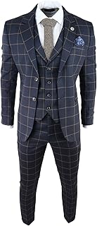 TruClothing Mens Blue 3 Piece Suit Tan Check Classic Wedding