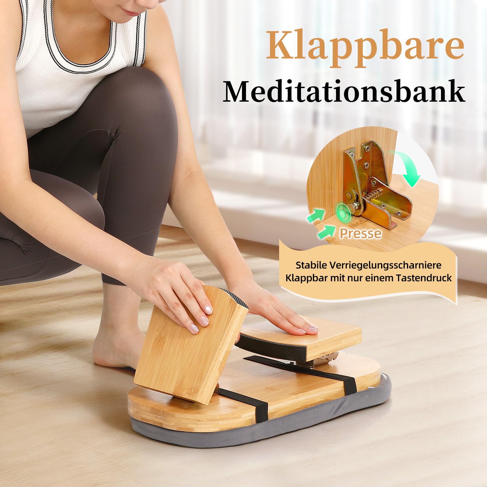 TYYIHUA Meditationsbank, klappbarer Meditationsstuhl, Bambus-Meditationshocker mit Anti-Rutsch-Matte, verstellbarer Yoga-Hocker mit gebogenen Unterkanten
