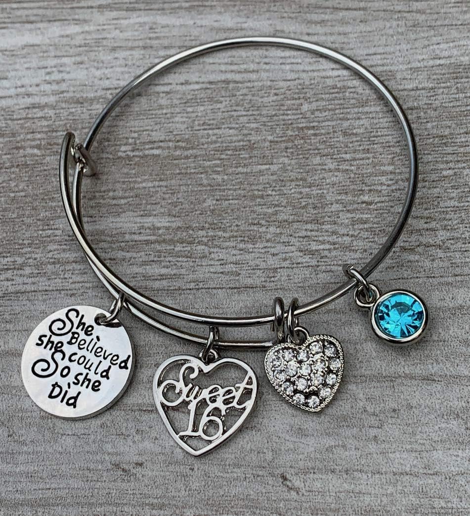 Sweet 16 Birthday Bracelet – Adjustable Silver Bangle with She Believed She Could So She Did, Crystal Heart, Personalized Birthstone & Sweet 16 Heart Charms – Gift for Teen Girls