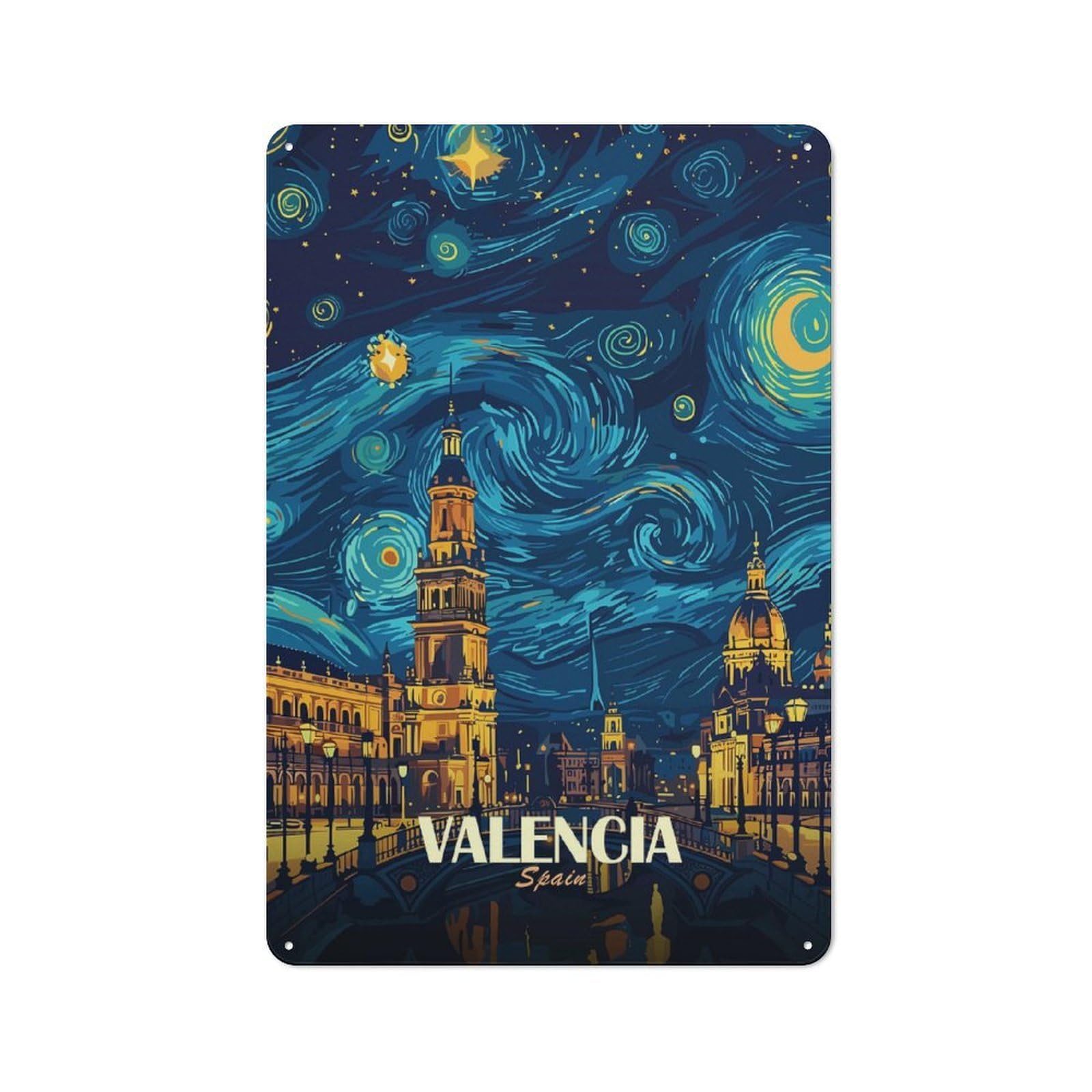 Urban Valencia Spain Starry Night Art Decorative Metal Plaque 30x20cm, Urban Room Decor for Flat, Bar, Studio Or Gallery Wall