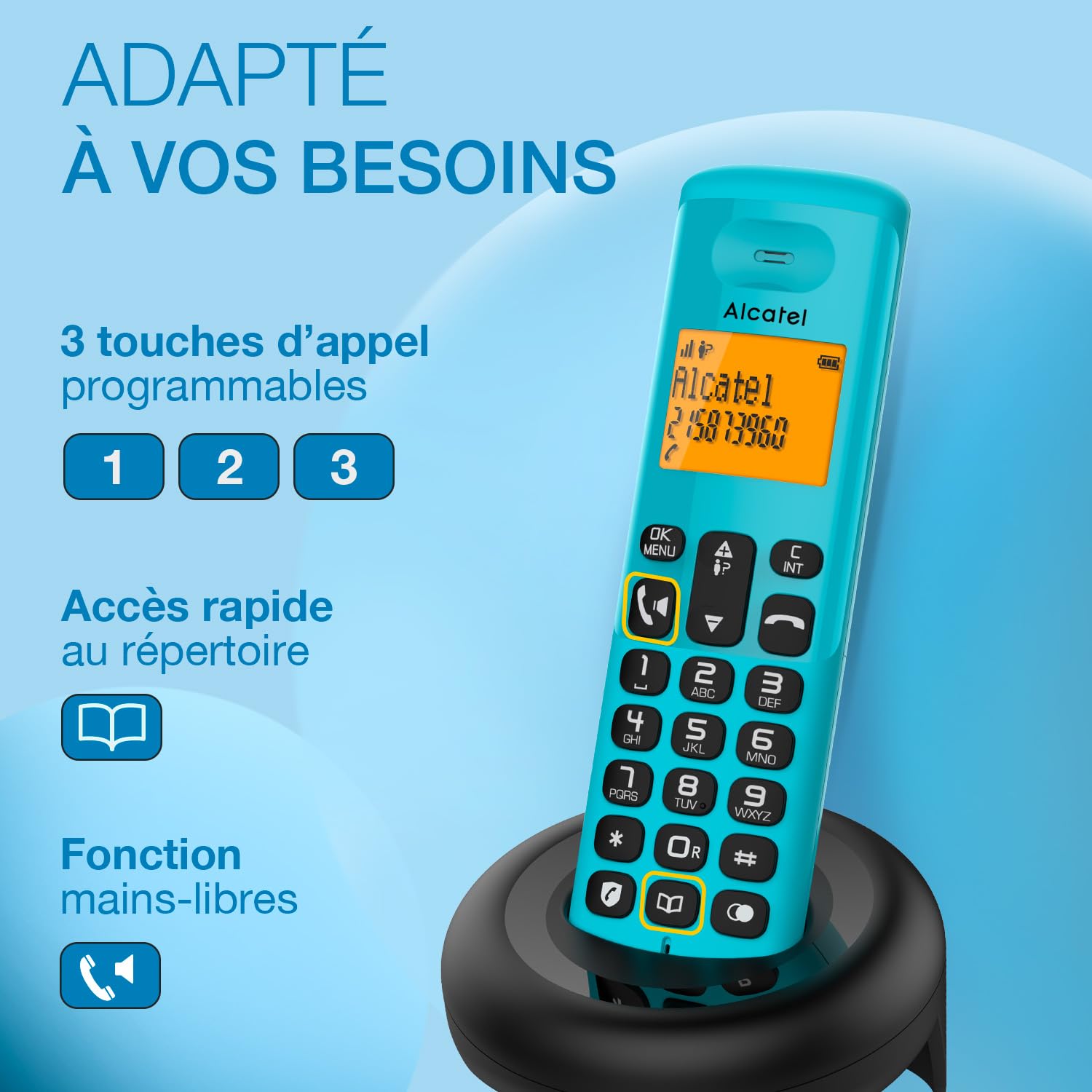 ALCATEL E260 Téléphone Fixe sans Fil DECT Grand Écran Rétroéclairé Mains Libres Blocage Appels Indésirables Bleu