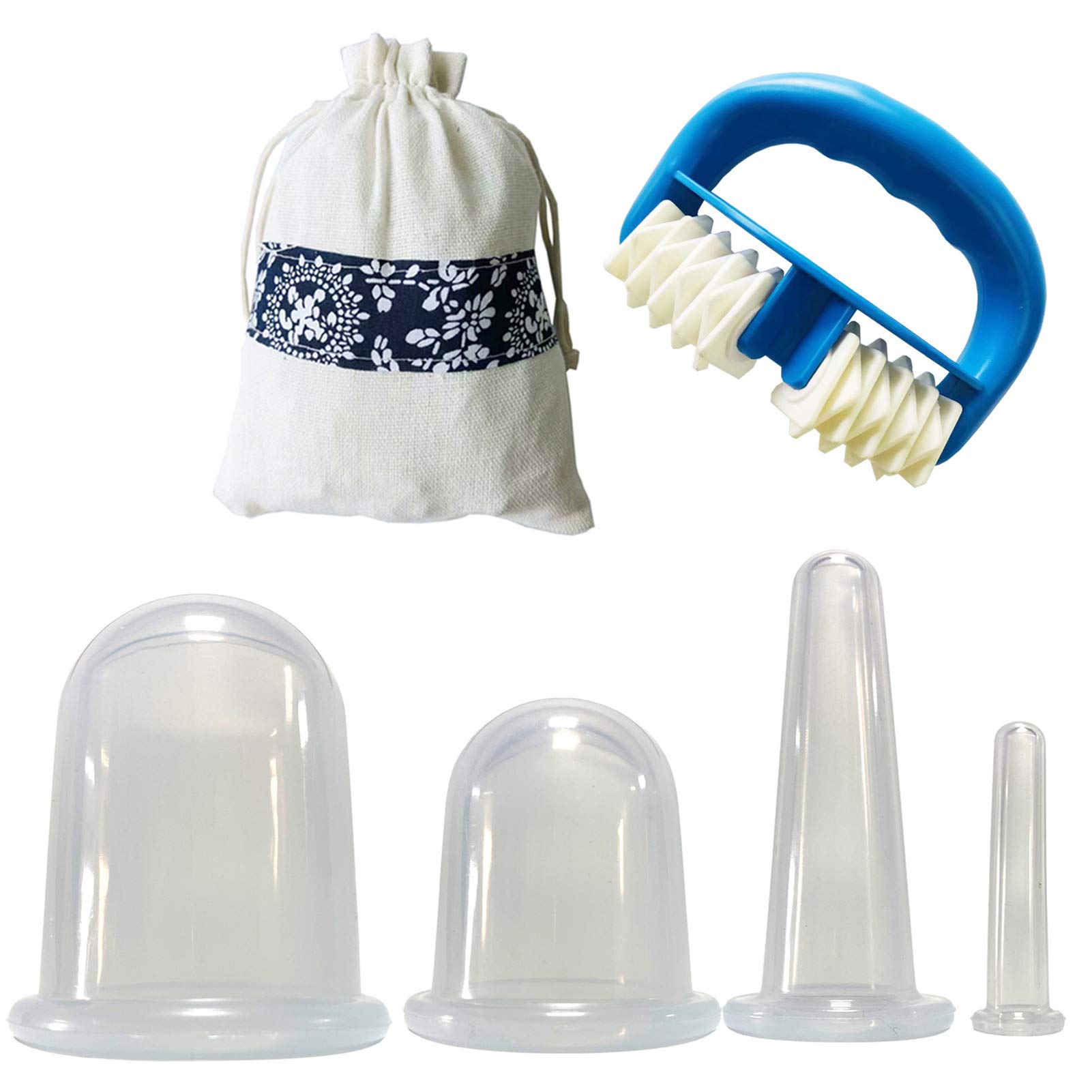 Juego de ventosas, juego de ventosas faciales para la cara, 4 latas de silicona anticelulítica, tazas de masaje al vacío, alivio del dolor corporal, rodillo de masaje, ventosas manuales, kit de ter