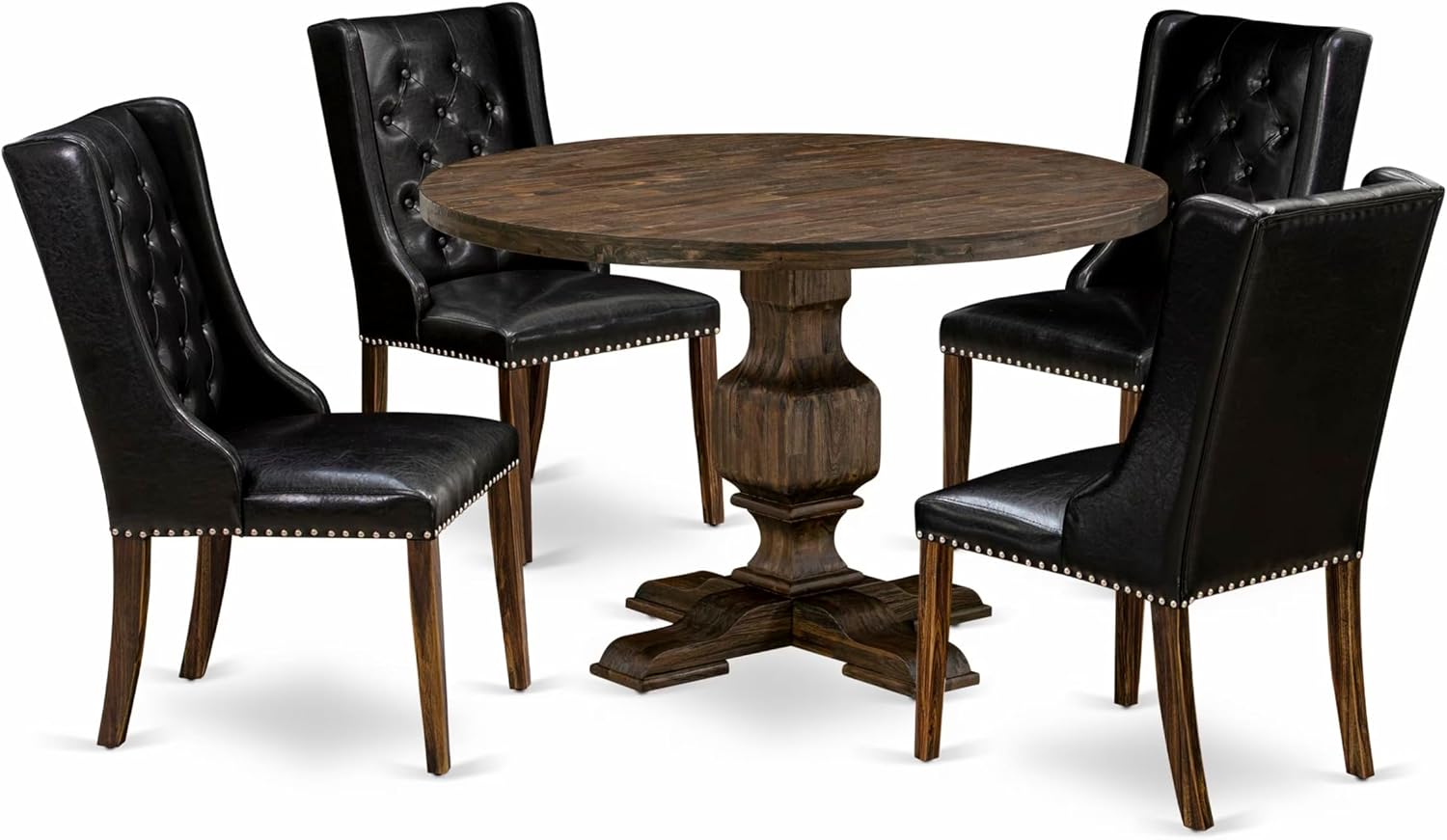East West Furniture I3FO5-749 5 Piece Kitchen Table Set for 4 Includes a Round Dining Table with Pedestal and 4 Black Faux Leather Parson Chairs, 48x48 Inch, Distressed Jacobean