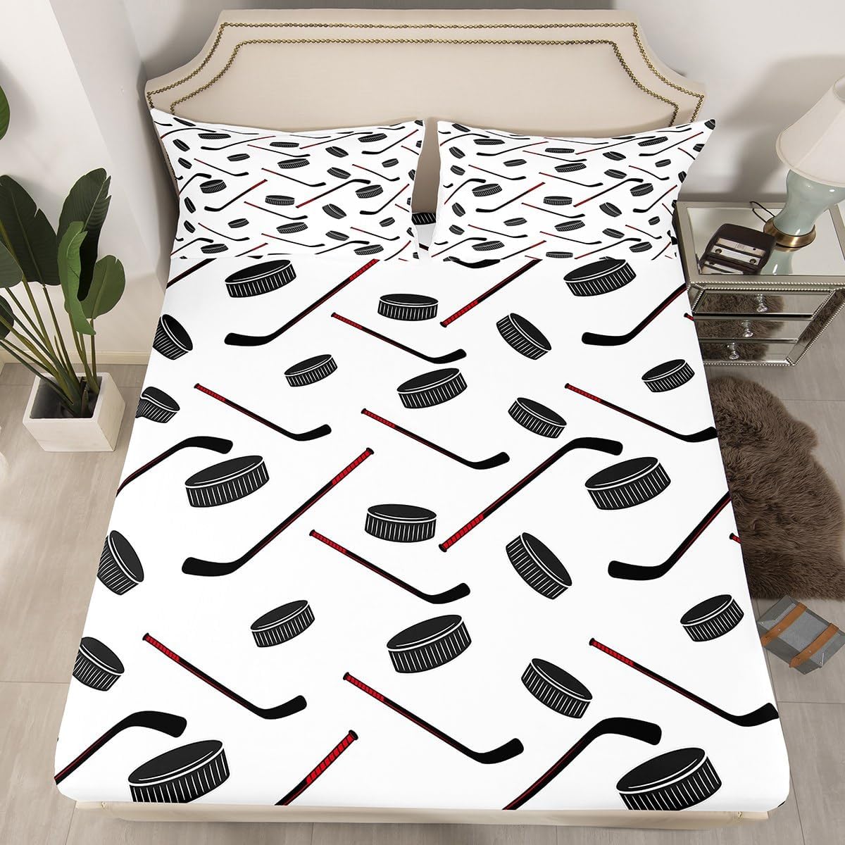 Erosebridal Ice Hockey Fitted Sheet Modern Hockey Stick Bed Sheets Full Winter Ball Games Sports Bedding Set for Women Men Adults Sports Puck Event Bed Cover 3 Pcs