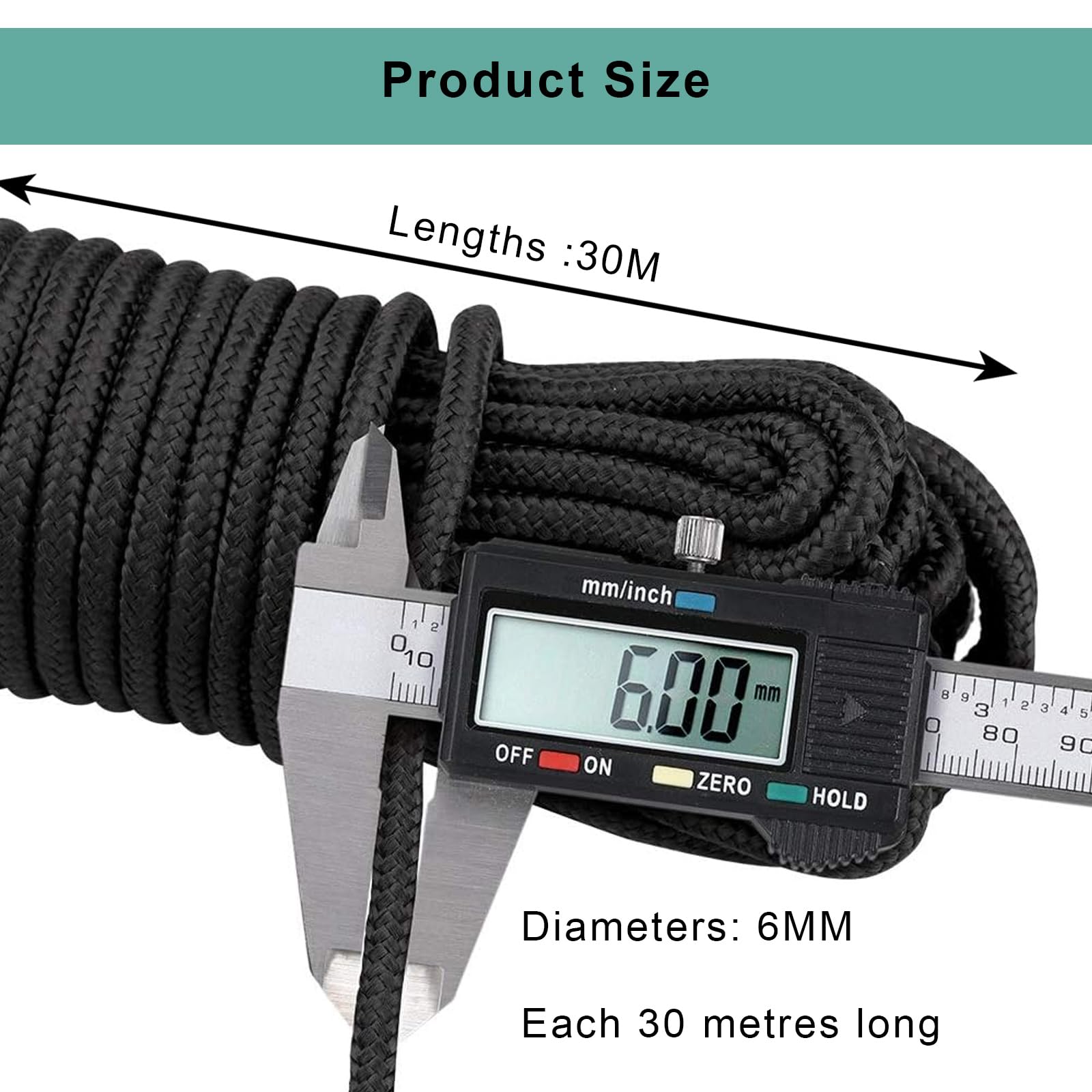 Himtop Corde en nylon noir R-ope de 30 m - 6 mm - Multifonctionnelle - Corde de traction pour le camping, les activités de plein air, le jardin, le garage, la corde