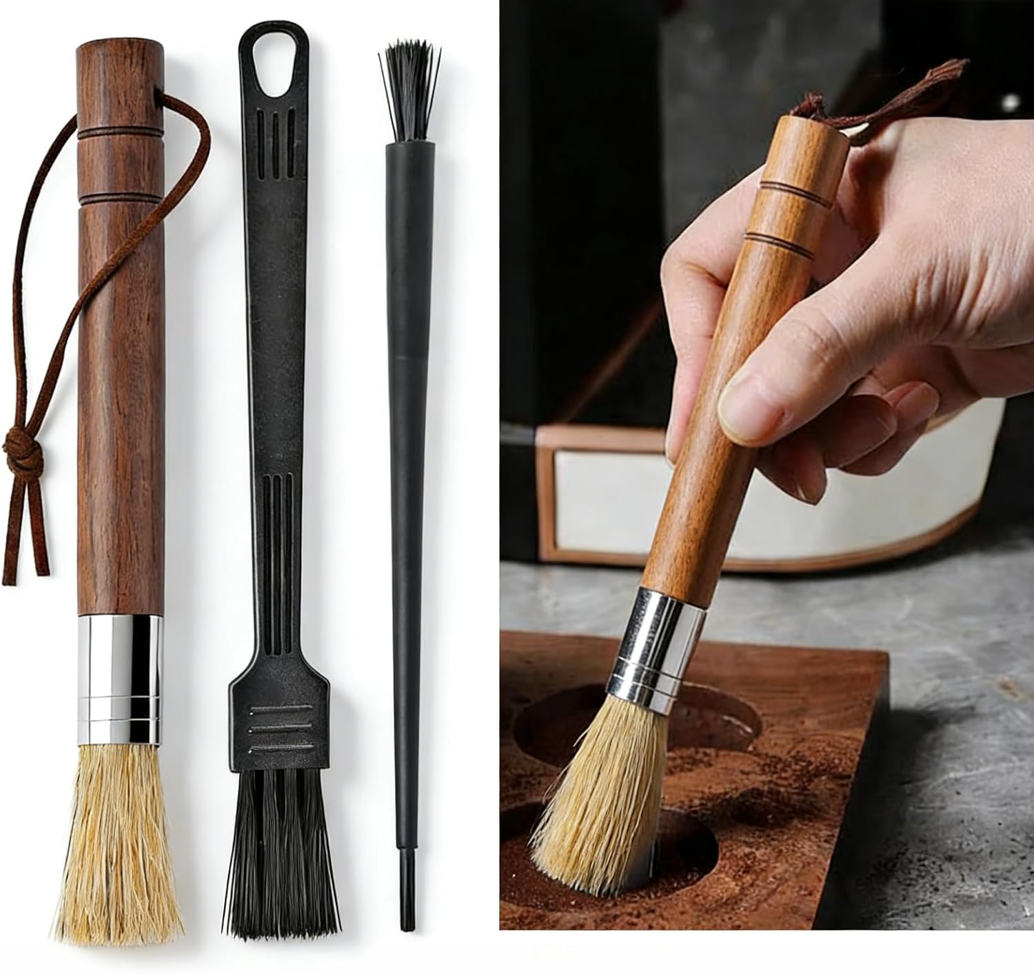 Liedrg Coffee Grinder Cleaning Brush Set, Natural Bristle Walnut Wood Handle, Espresso Machine Cleaner for Barista, Home and Kitchen Use