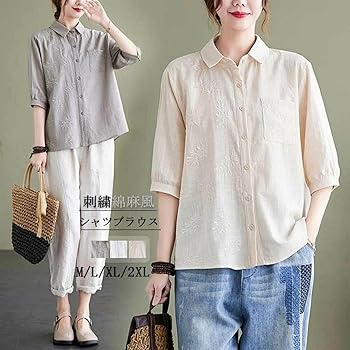 Amazon.co.jp: チュニック 半袖 夏 半袖シャツ 7分袖 シャツ リネン