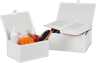Relaxdays Aufbewahrungskorb 2er Set, 2 Größen, mit Deckel, Bad, Kinderzimmer, Bambus & Stoff, Aufbewahrungsbox, Farbwahl