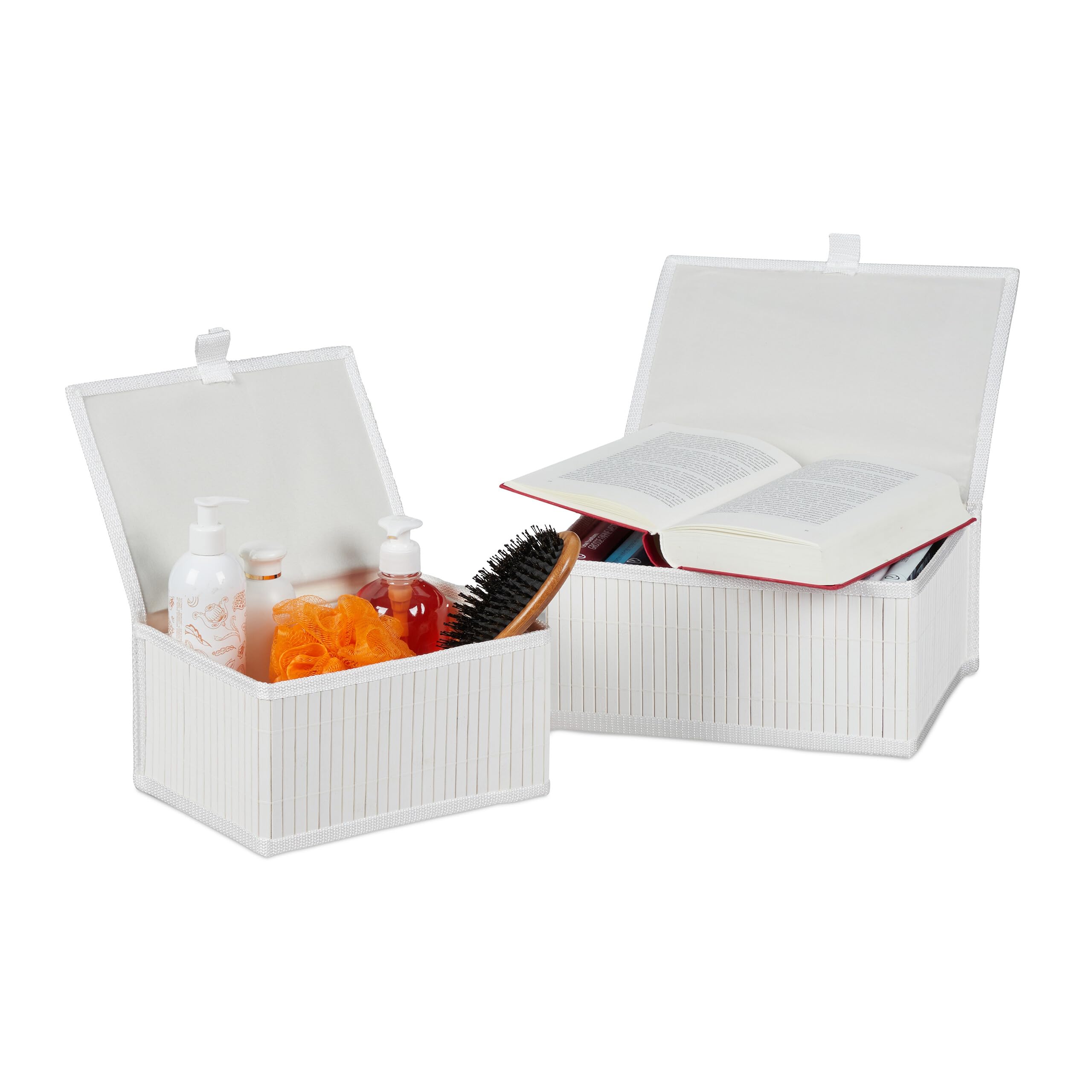 Relaxdays Storage Box, Set of 2, 2 Sizes, with Lid, Bathroom, Shelf Tidy, Bamboo & Fabric, Multipurpose Organiser, White, 20% Polyester 80%, 2-Set