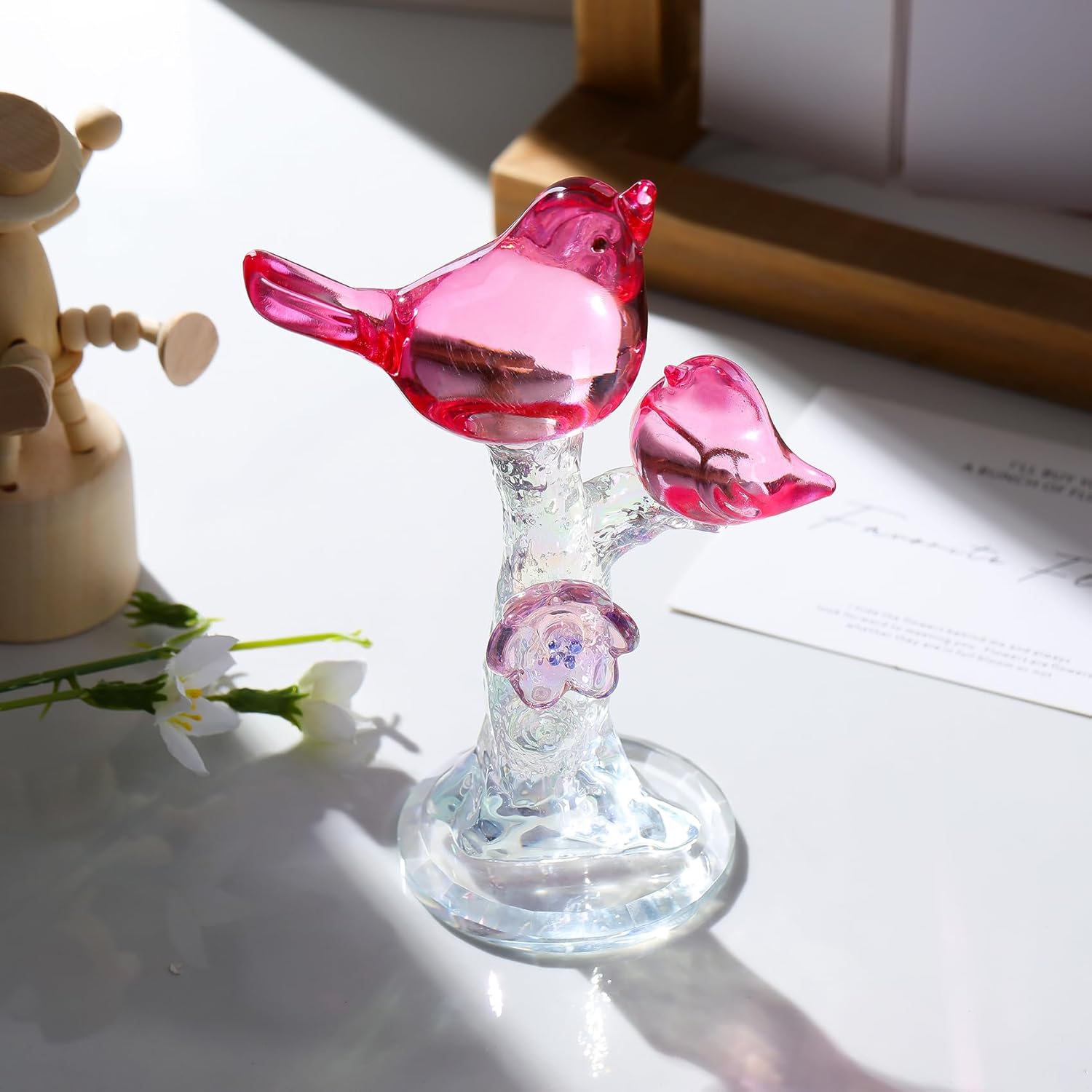 YWHL Handmade Crystal Pink Birds Figurine, Birds Gifts for Women Men Bird Lovers, Art Animal Glass Bird with Tree Stumps Collectible Figurines for Desk Table Home Office Decor - Image 5