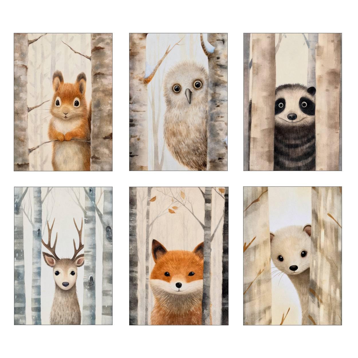 Wild And Arty Peeping Woodland Animal Art Prints - Size A4 - Set of 6 Unframed
