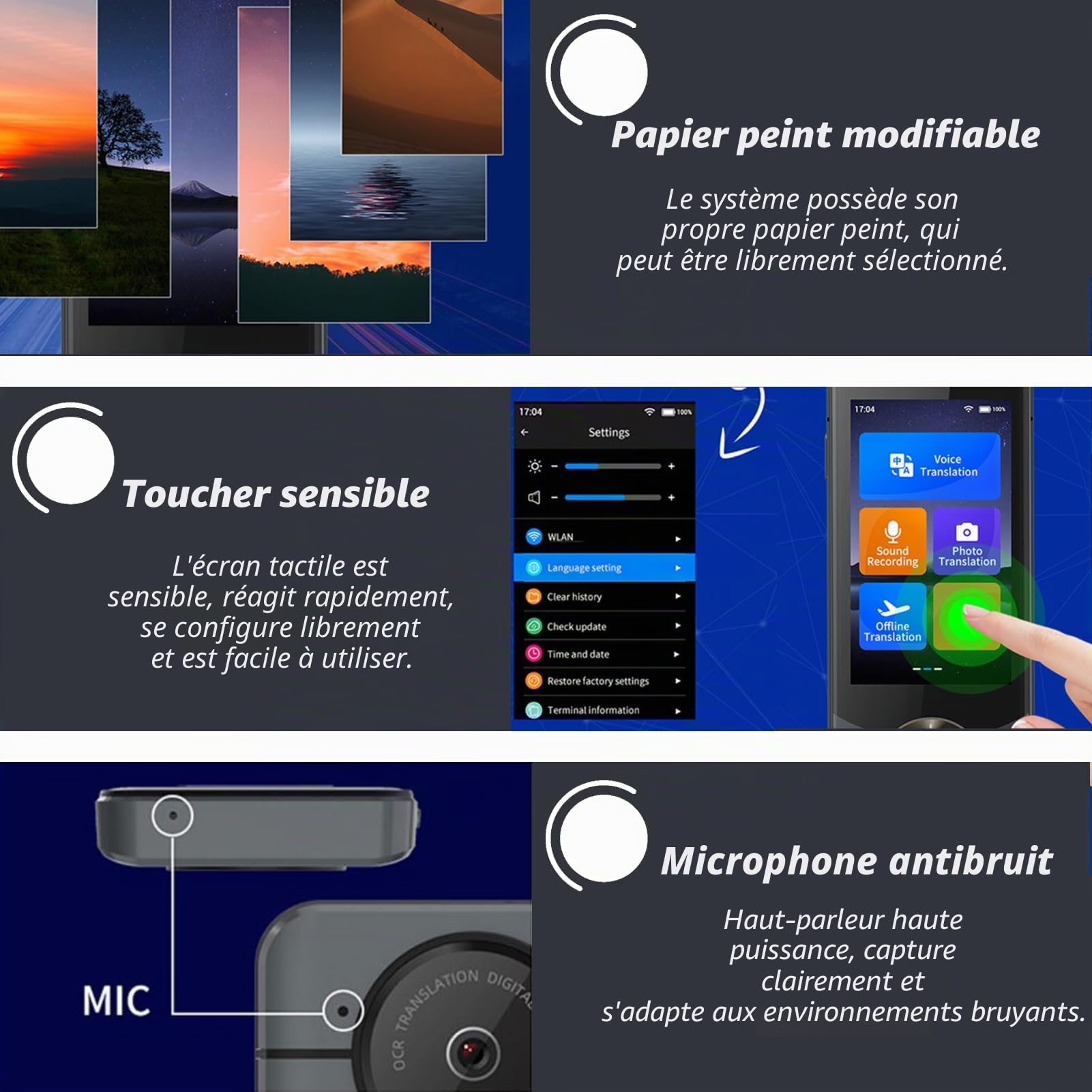Traducteur Vocal, 127 Langues, Traduction vocale Hors Ligne, traducteur instantané multidirectionnel sans Internet, Appareil Traduction, supporte Le WiFi Bluetooth, pour Apprendre Voyager