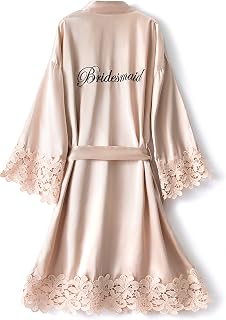 Women's Silky Bride Bridesmaid Robes Satin Kimono Bridal Party Bathrobe With Lace Trim Embroidery Wedding Day Dressing Gown