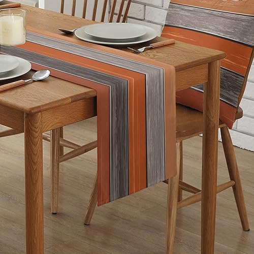 Miniatura 64 de Camino de mesa de algodón y lino estilo granja rústico retro, textura de madera de granero, color degradado marrón y gris, antideslizante,